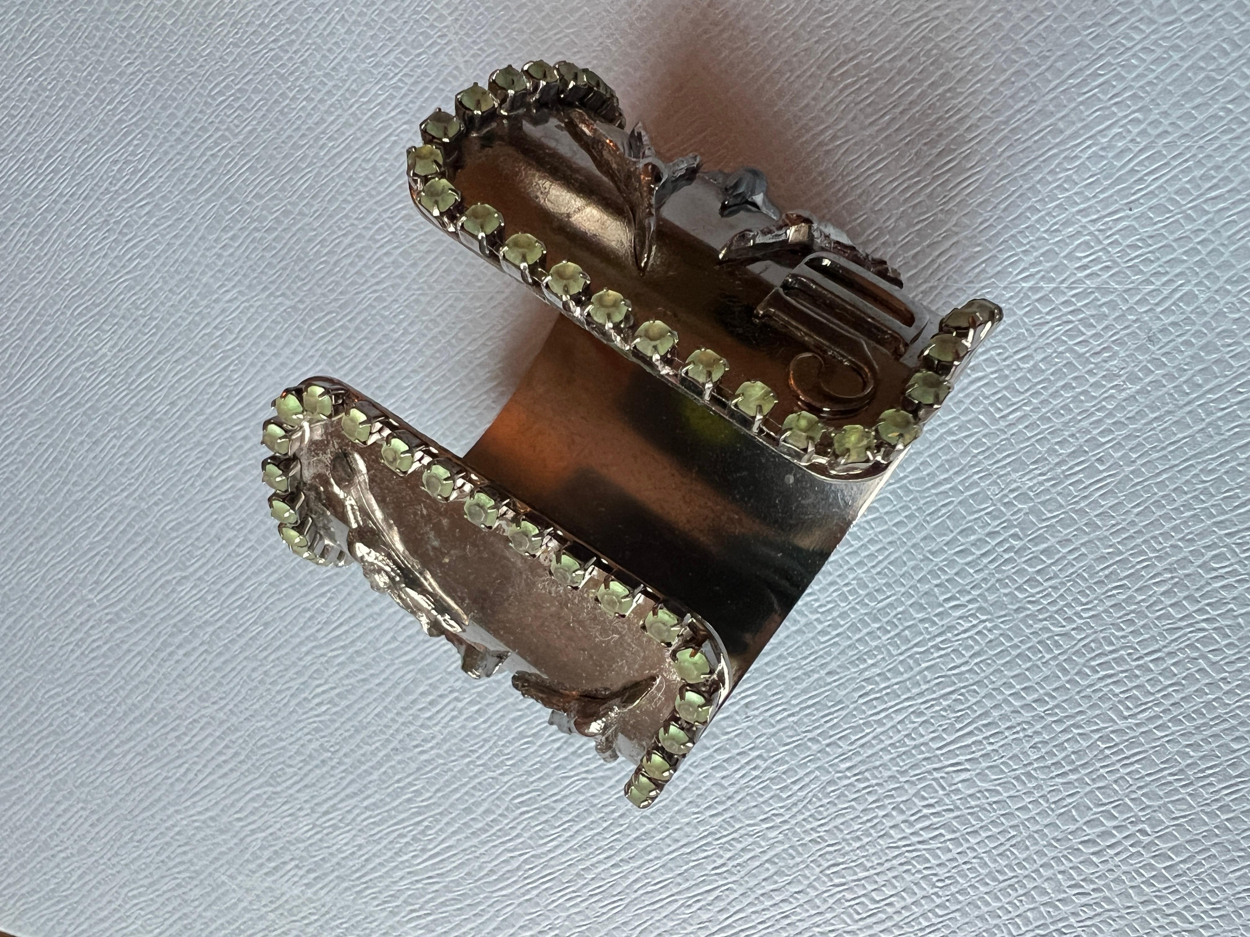 Cuff Bracelet Sacred Heart, Purple & Blue Enamel, Green Rhinestone For Sale 4