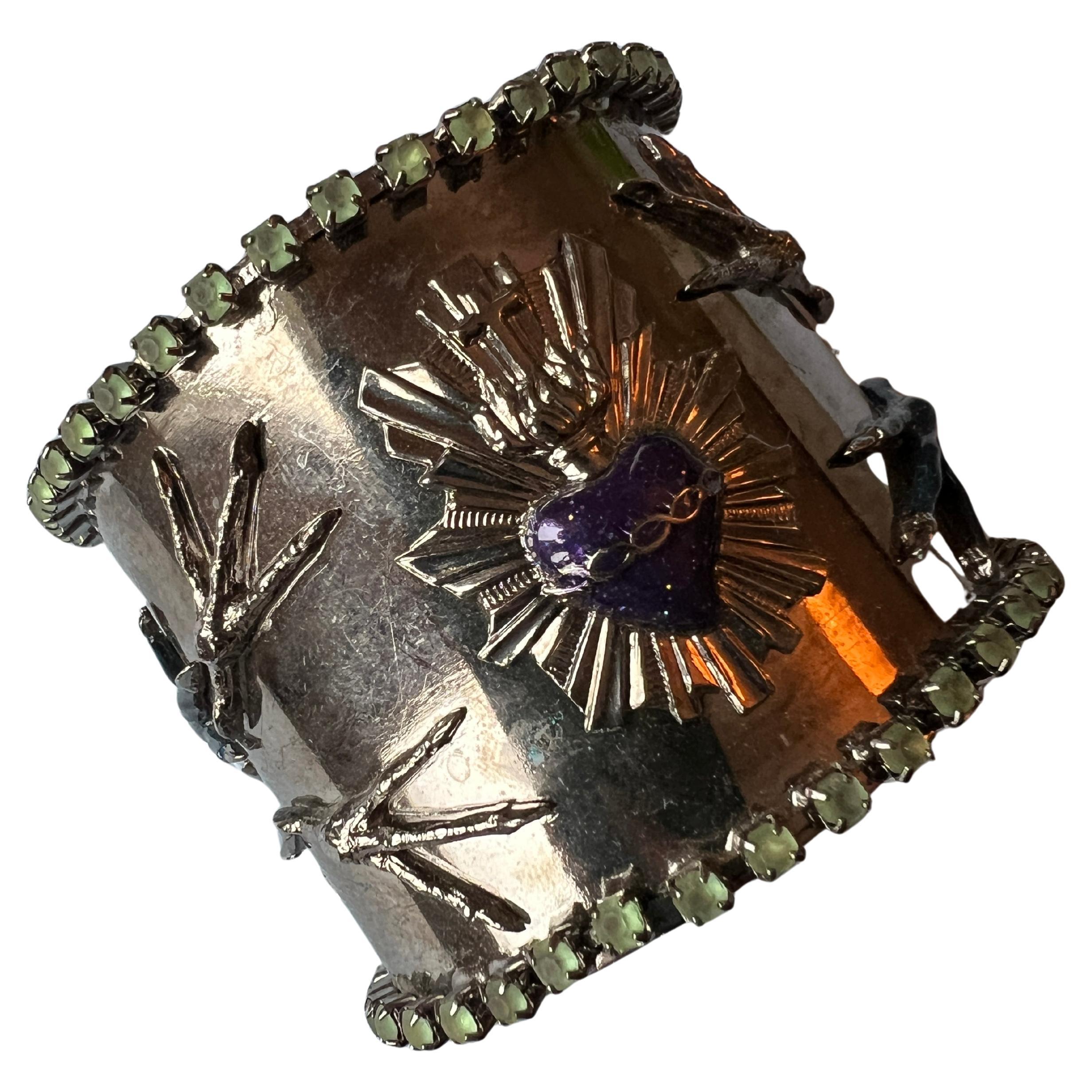 Cuff Bracelet Sacred Heart, Purple & Blue Enamel, Green Rhinestone For Sale