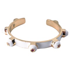 White Enamel Cuff Bracelet Ruby Stud Bangle Sculptural