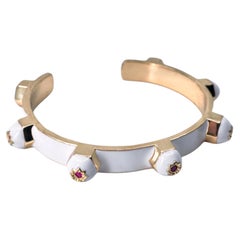 White Enamel Cuff Bracelet Ruby Stud Bangle Sculptural