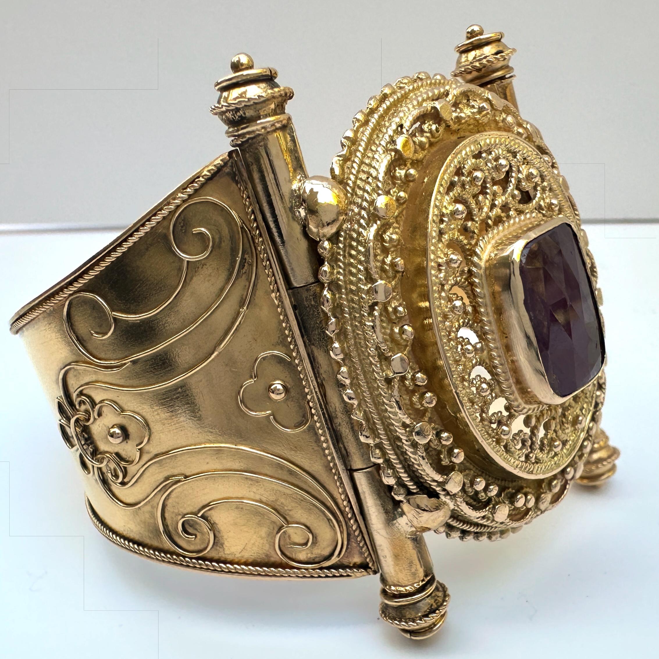 Mixed Cut Cuff Bracelet with Columns & Ruby Filigree Centerpiece in 18K / 14K Gold For Sale