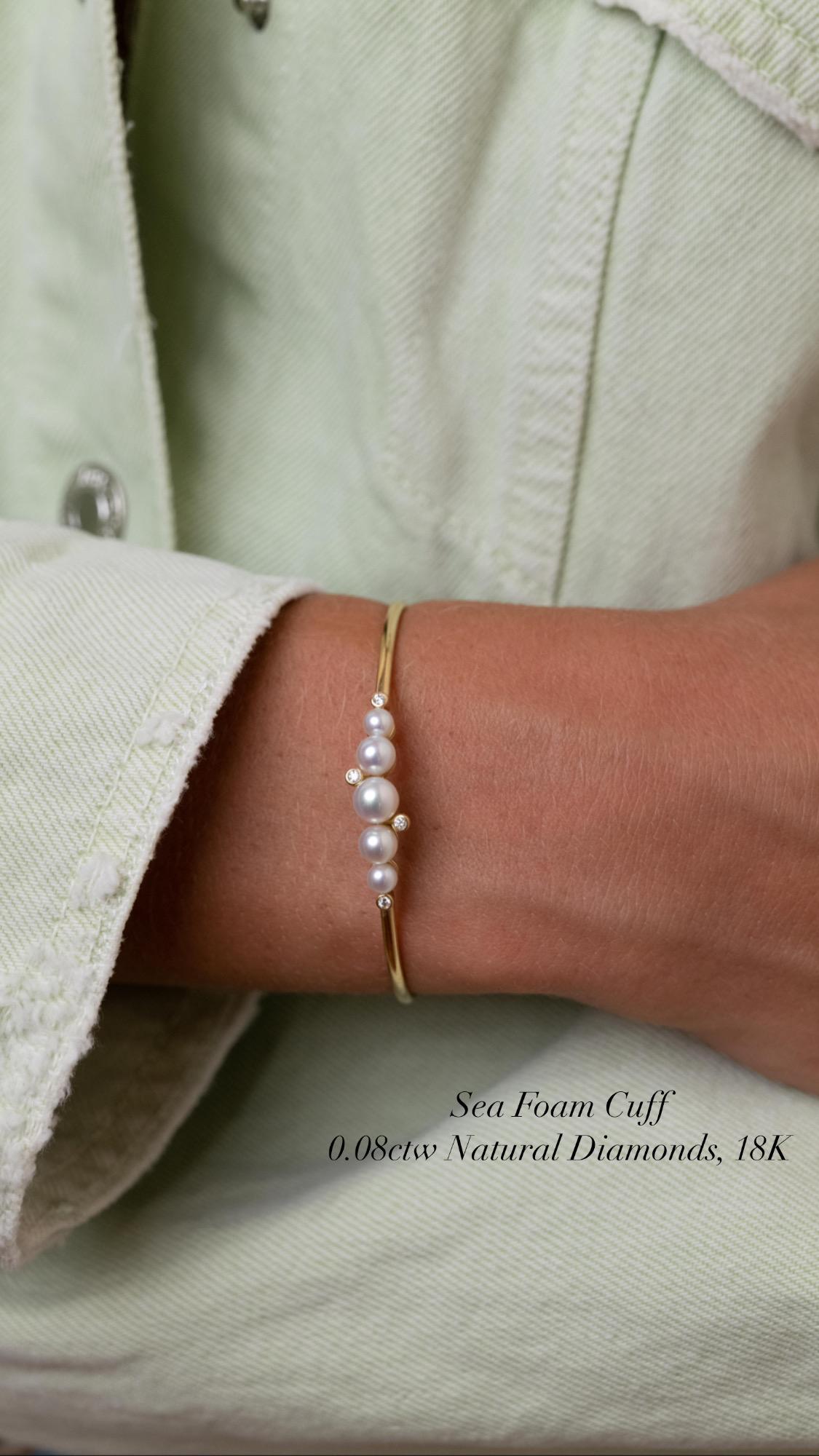 Drawing inspiration from the rising foam in the sea, our sea foam cuff bracelet features lustrous freshwater pearls and glimmering bezel set natural diamonds. Its open design allows it to slip easily on the wrist.

All orders are delivered in a
