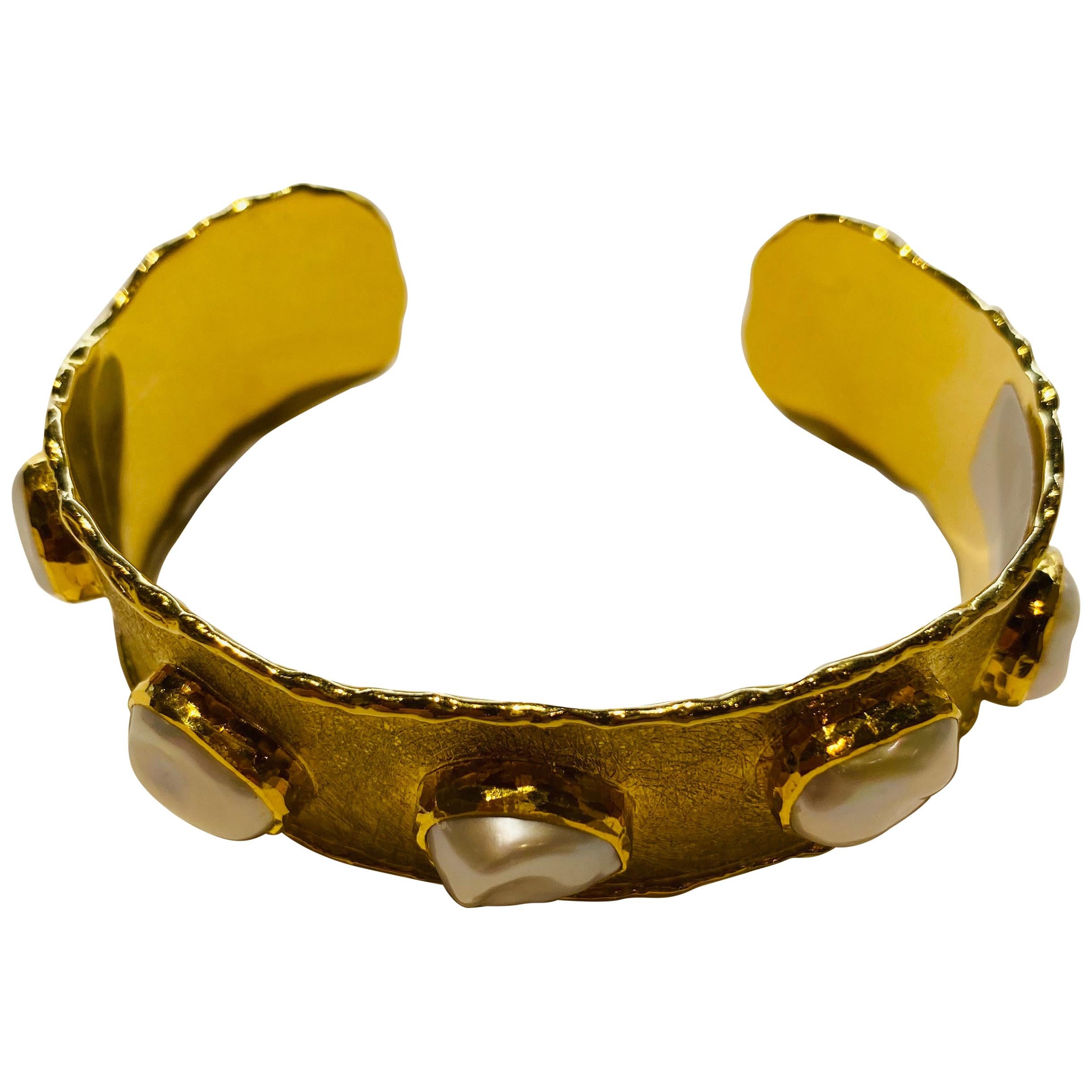 Byzantine Victor Velyan Cuff Bracelet with Pearls in 24K Yellow Gold For Sale