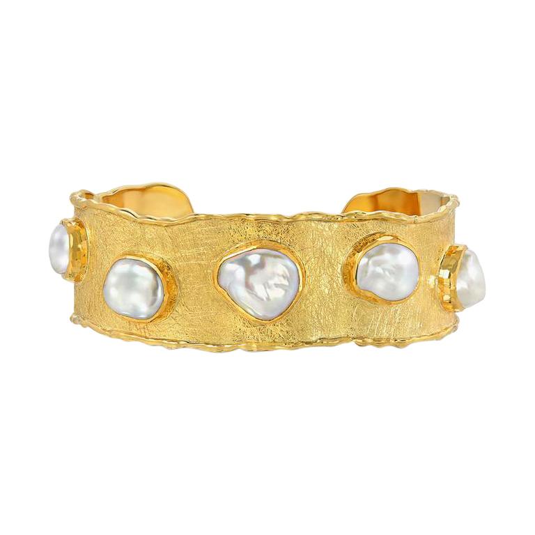 Victor Velyan Cuff Bracelet with Pearls in 24K Yellow Gold For Sale