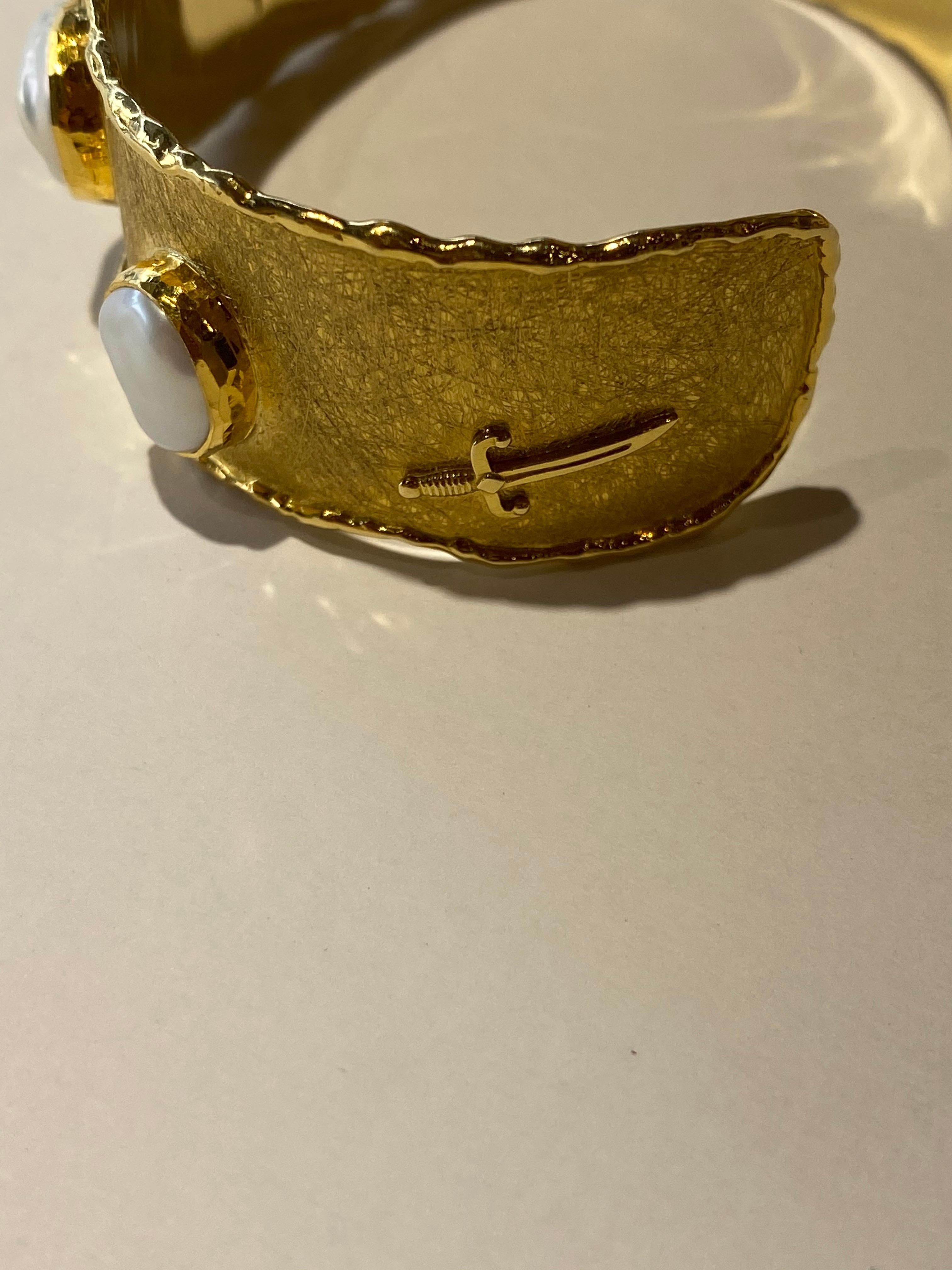 Cabochon Victor Velyan Cuff Bracelet with Pearls in 24K Yellow Gold For Sale