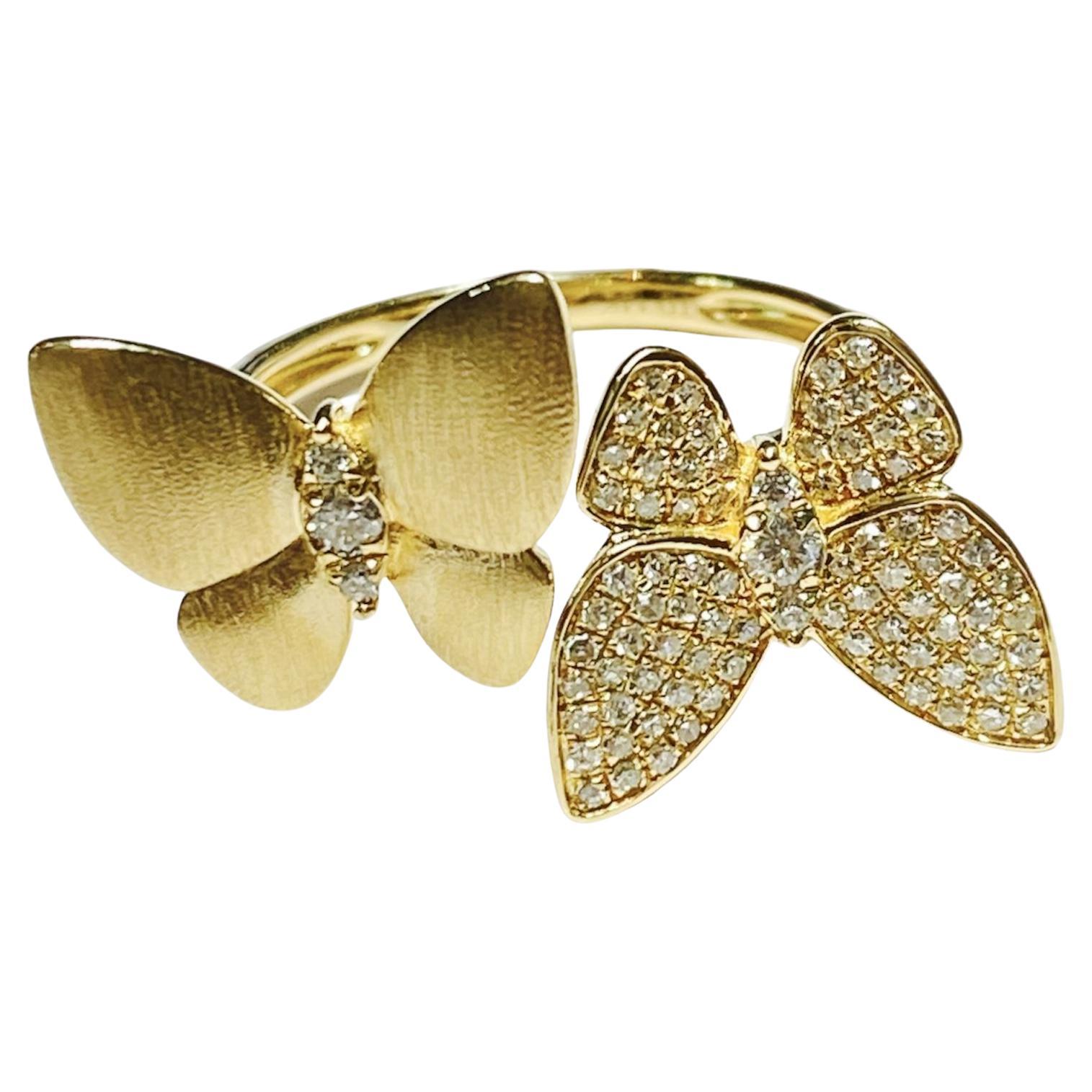 Cuff Butterfly Natural Diamond Ring in 14K Yellow Gold For Sale