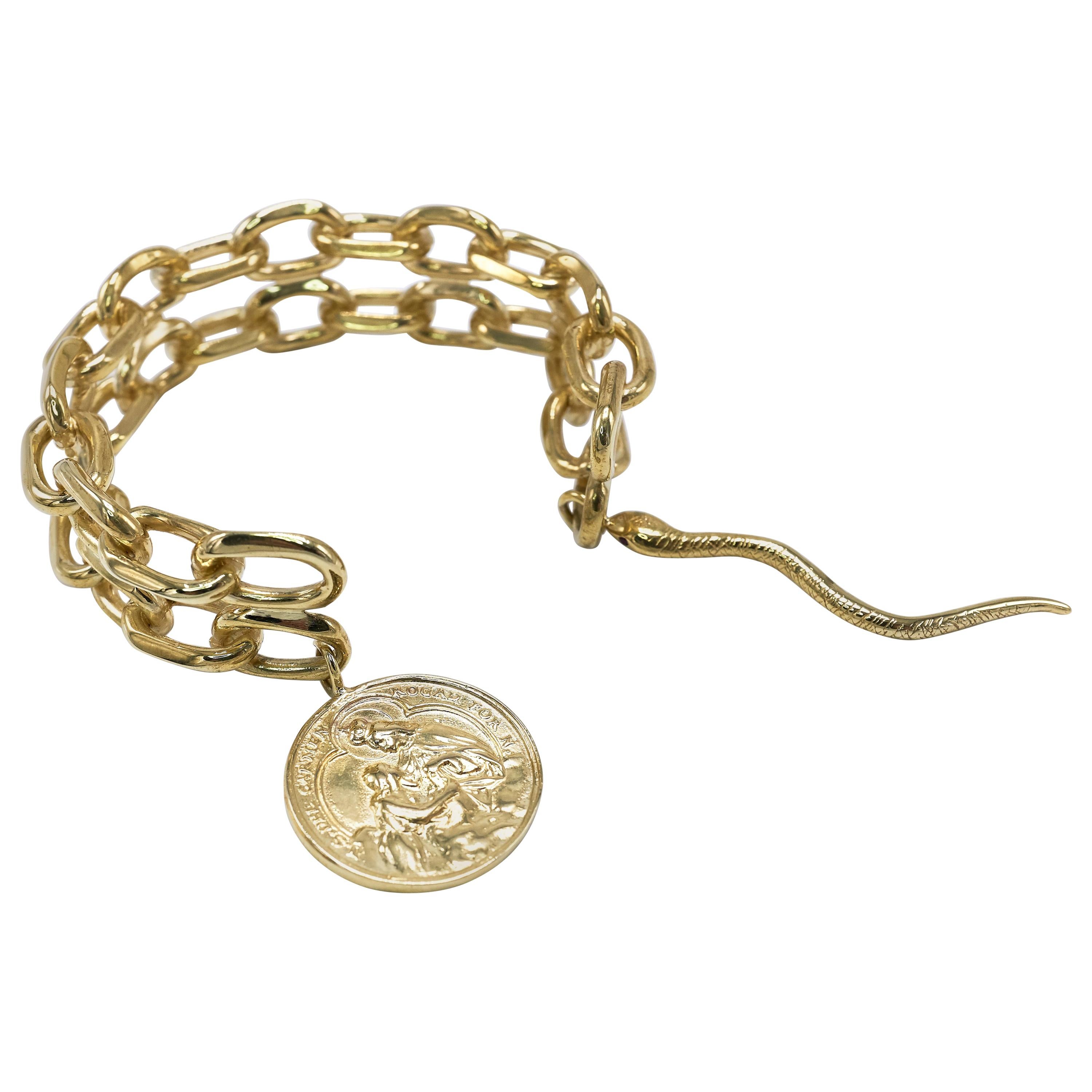Manschettenarmband mit Kette, Armband, Jungfrau Maria Medaille, Schlange, Rubin, Statement-Stück

J DAUPHIN 