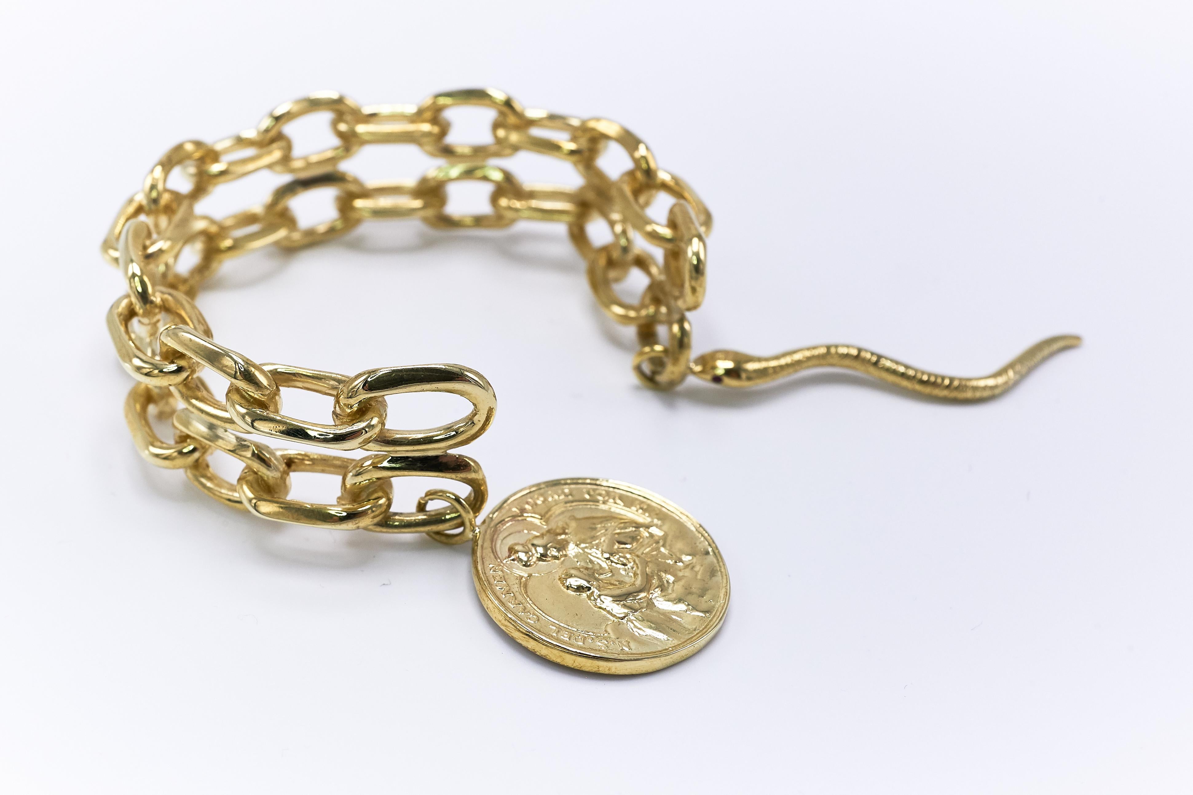 Manschetten-Ketten-Armband Medaille Schlange Rubin Damen im Angebot