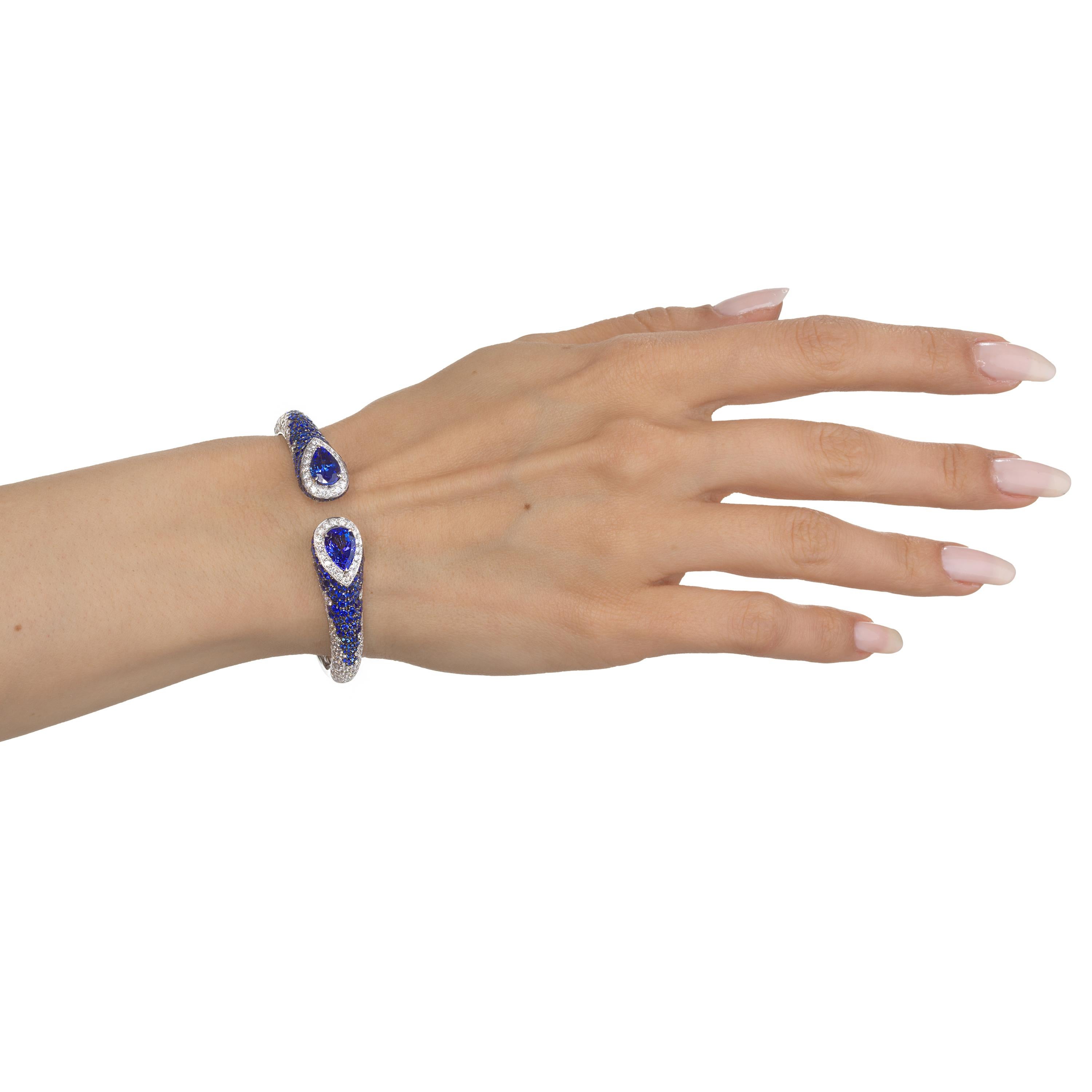 Pear Cut Cuff Diamond Bracelet with 4.36Ct. t.w. Tanzanite & 4.38Ct. t.w. Blue Sapphire 