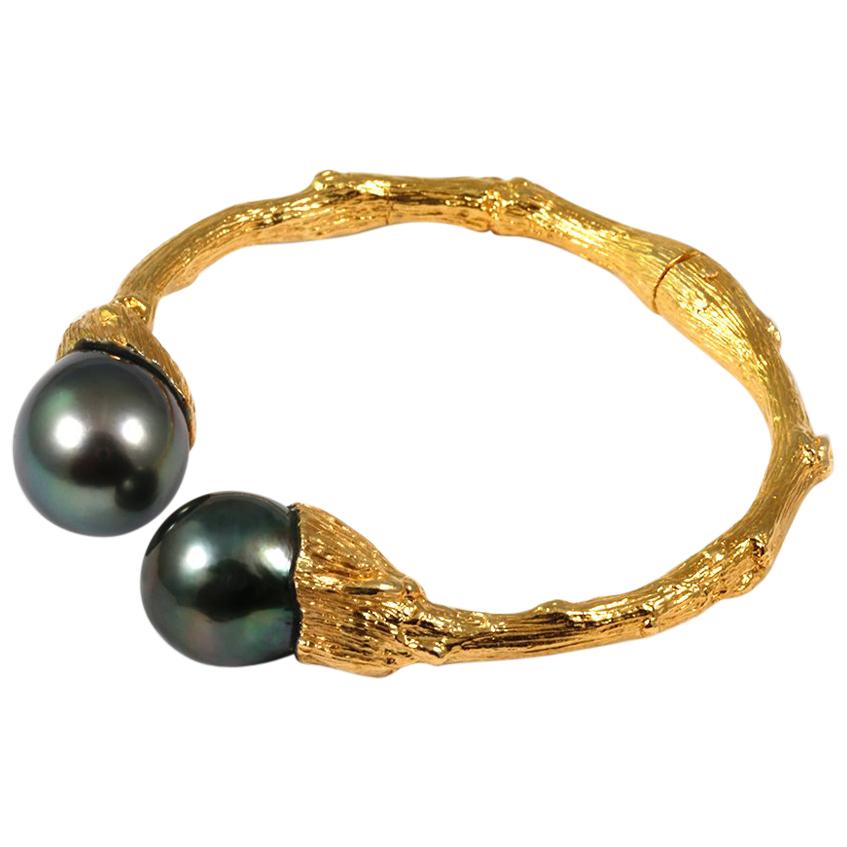 Cuff in 18 Karat Yellow Gold with 14mm+ Tahitian Pearls For Sale