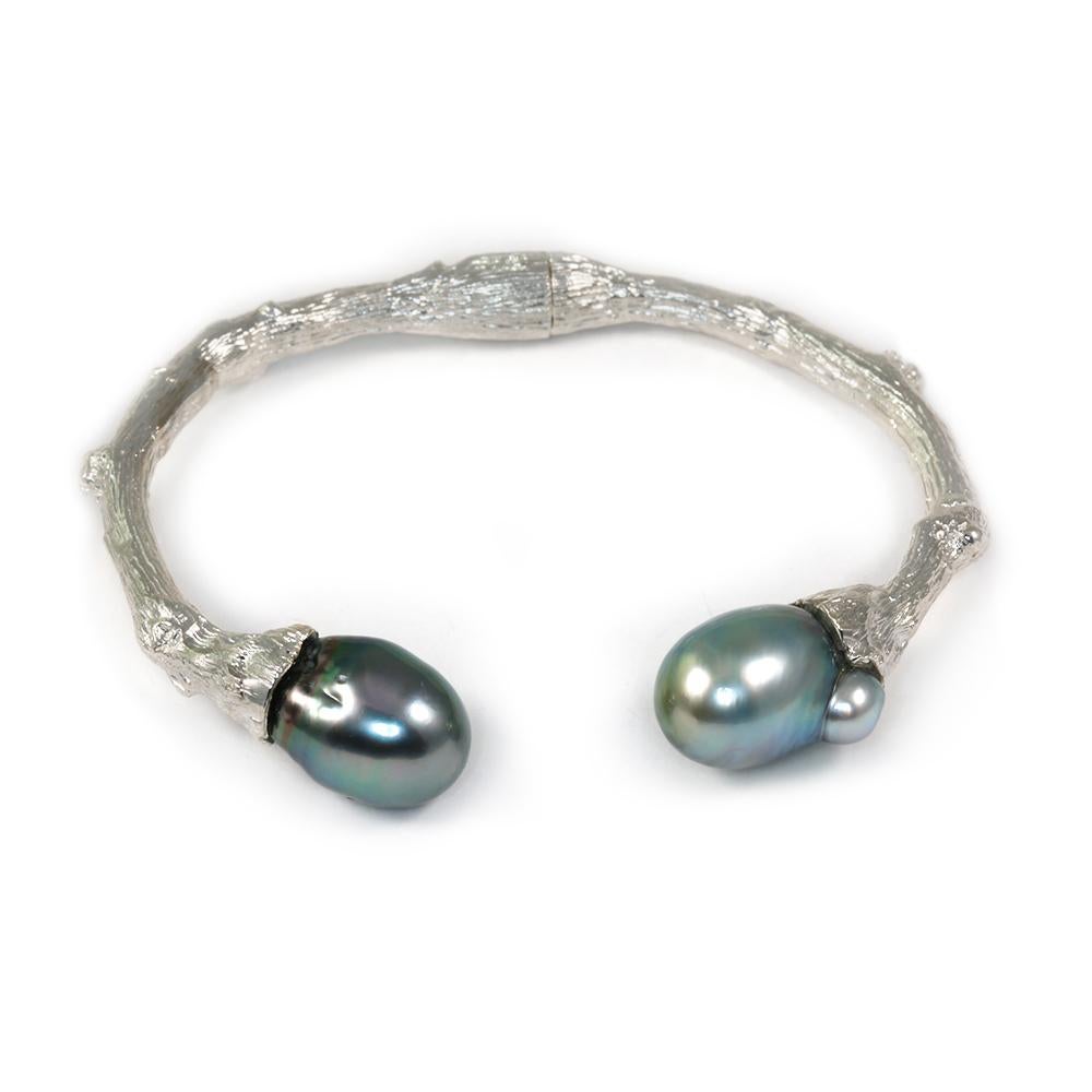 Round Cut Cuff in Sterling Silver or Oxidized Silver with Tahitian Pearls For Sale