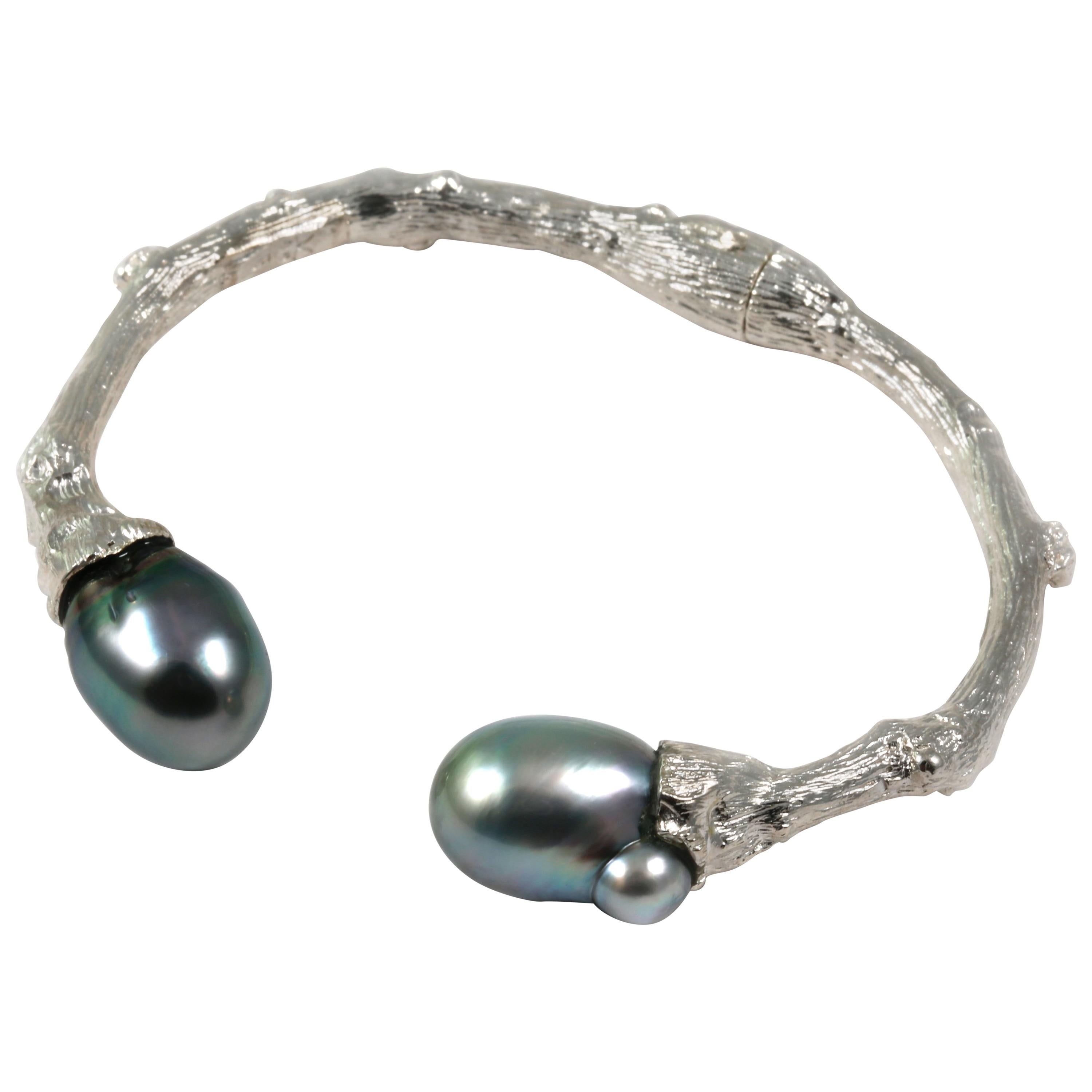 Cuff in Sterling Silver or Oxidized Silver with Tahitian Pearls For Sale