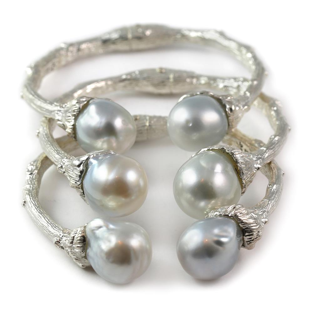 Round Cut Cuff in Sterling Silver with South Sea Pearls For Sale