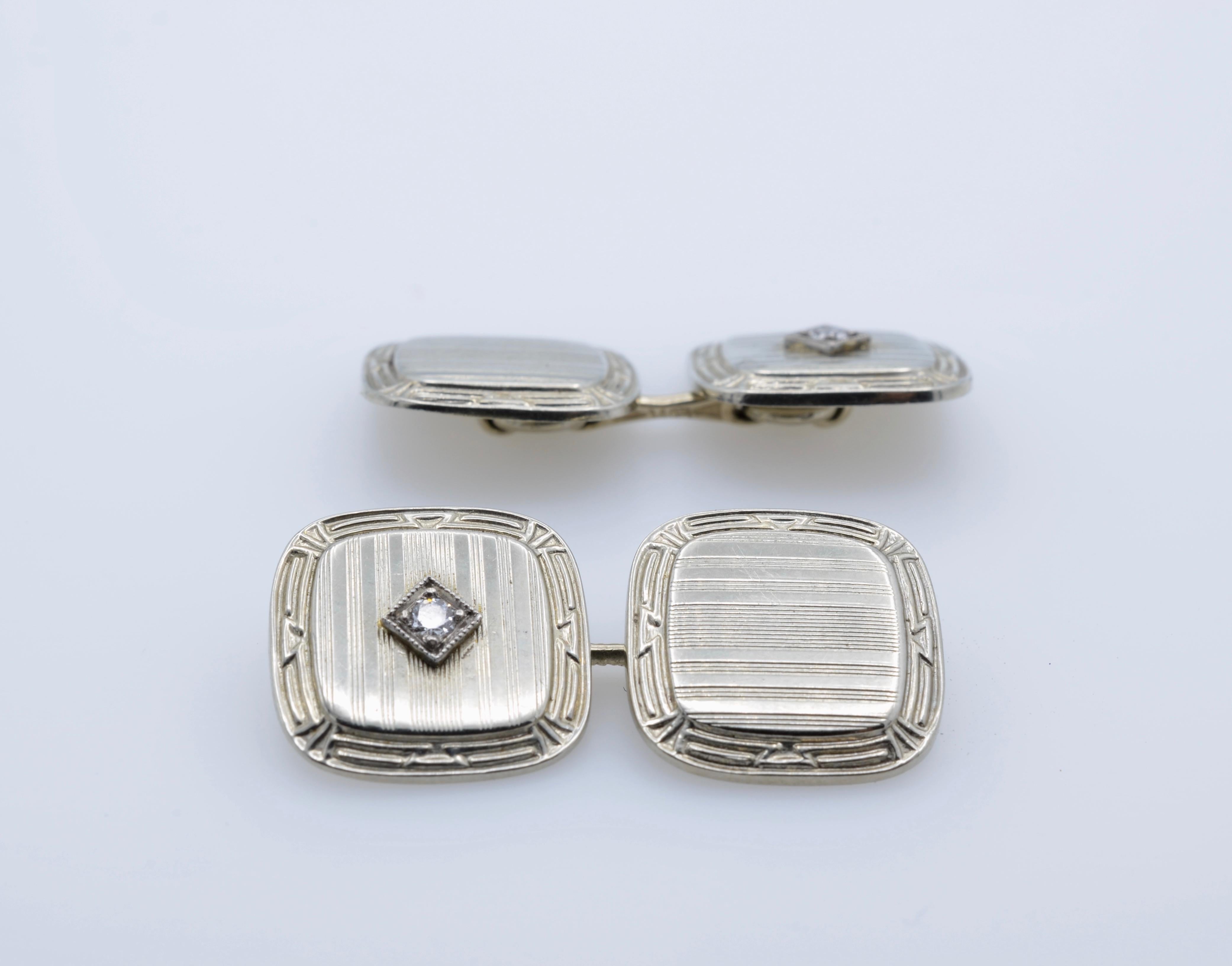 Round Cut Cufflinks 1920s Diamond 14 Karat Gold Square Rounded For Sale