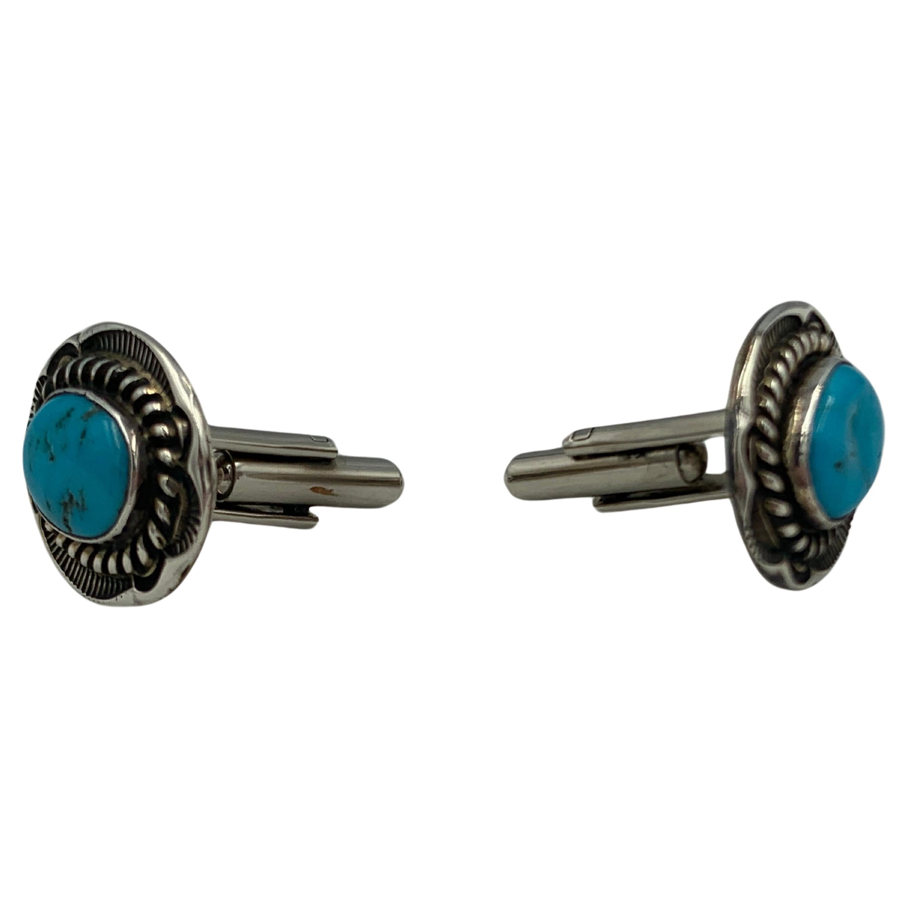 Native American Cuff Links with Kingman Turquoise Gemstone by Dan Oliver