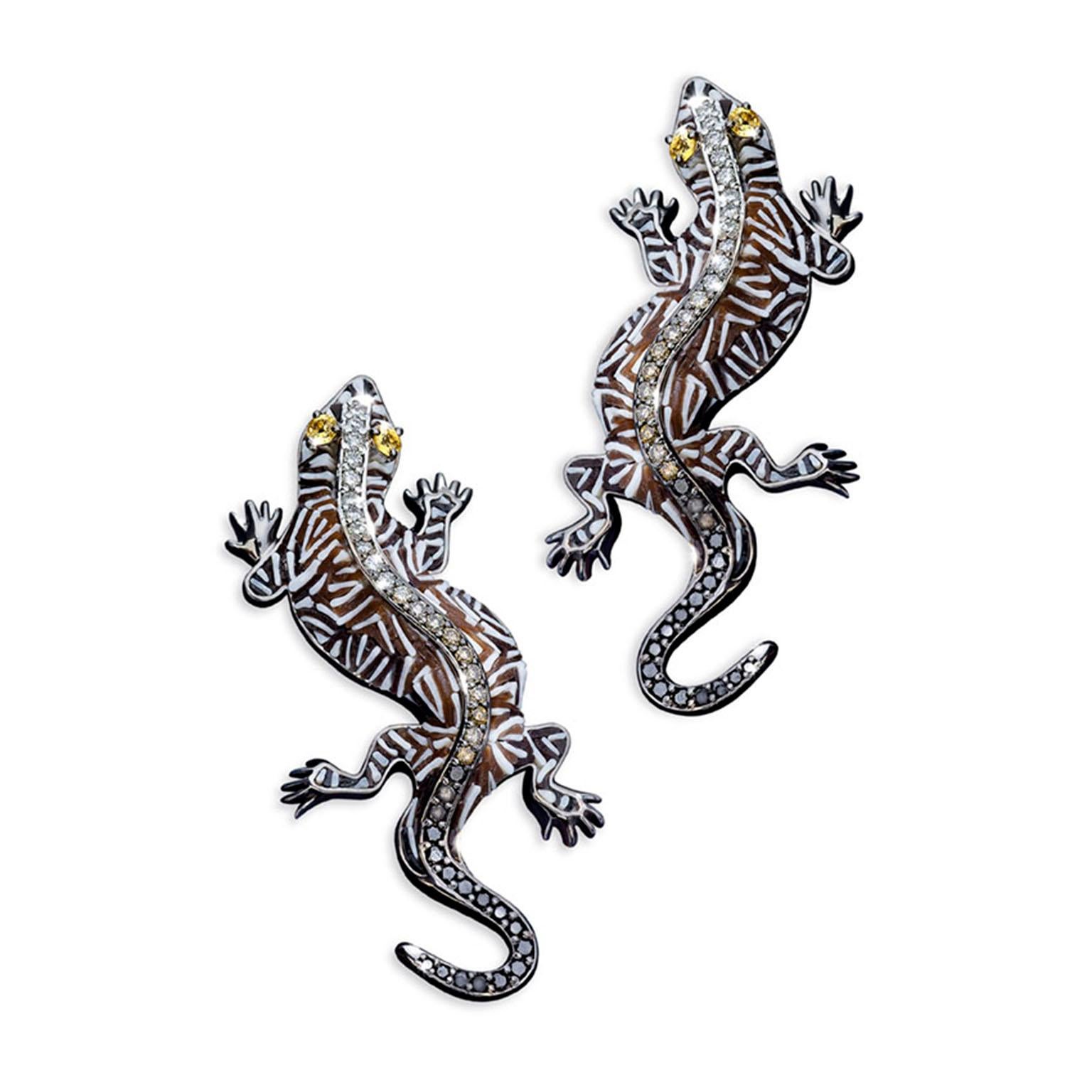 Modern Cufflinks Gold White Black & Brown Diamonds Sapphires Hand Decorated Micromosaic For Sale