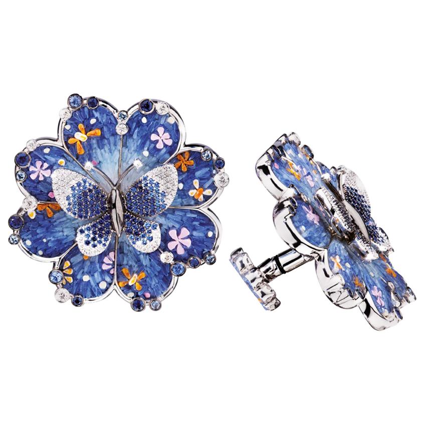 Cuffliks White Gold White Diamonds Sapphires Hand Decorated with Micro Mosaic For Sale