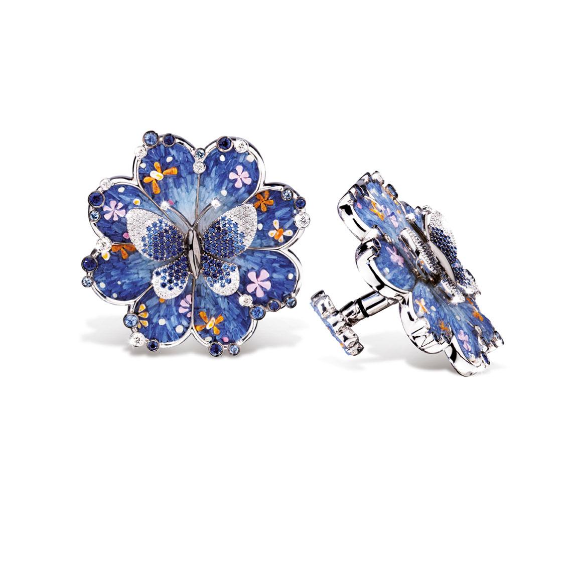 Romantic Cuffliks White Gold White Diamonds Sapphires Hand Decorated with Micro Mosaic For Sale