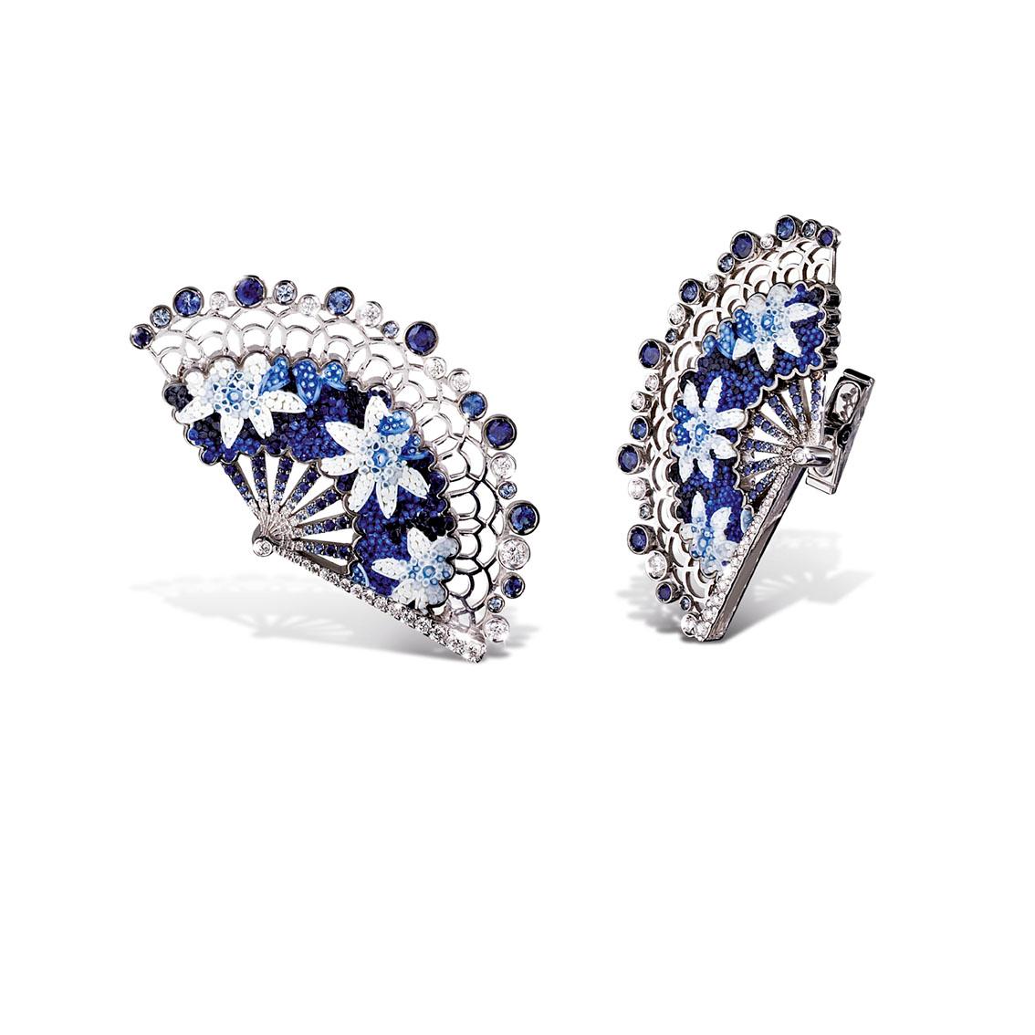 Modern Cufflinks White Gold White Diamonds Sapphires Hand Decorated with Micro Mosaic For Sale