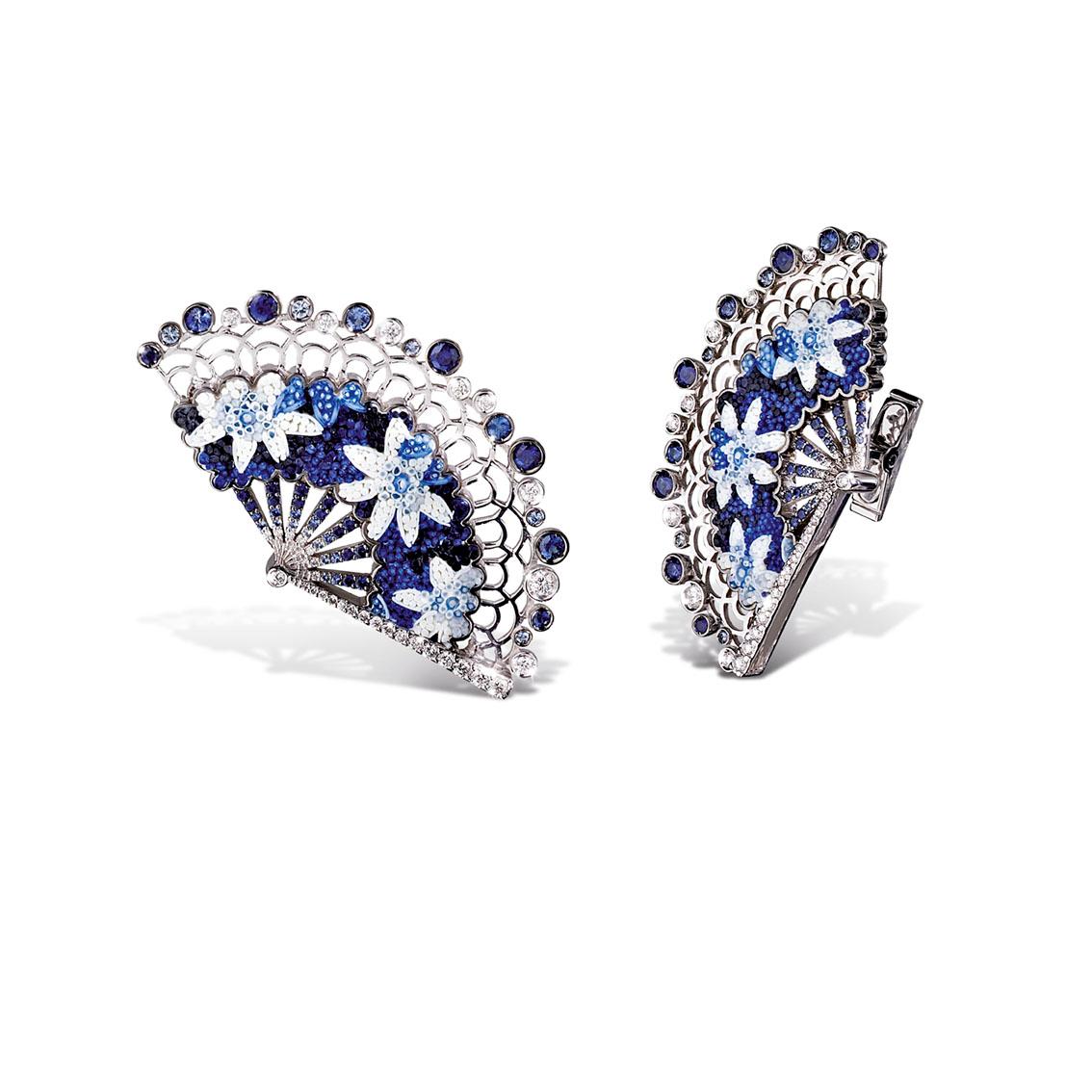 Brilliant Cut Cufflinks White Gold White Diamonds Sapphires Hand Decorated with Micro Mosaic For Sale