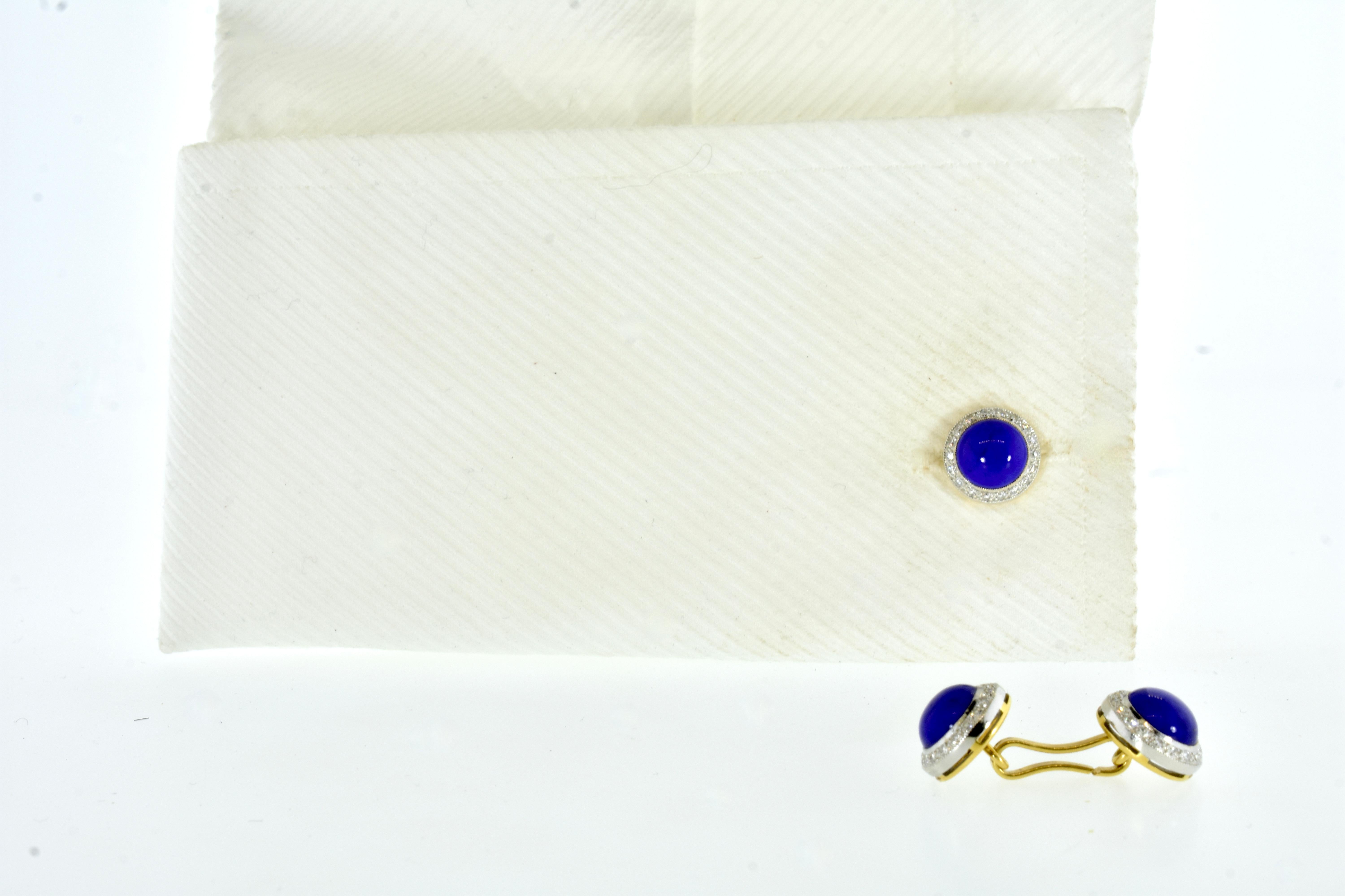 Cufflinks and Stud set, also called a dress set, Lapis Lazuli and diamond 18K French in  yellow and white gold.  The 8 fine blue lapis match well in both their cabochon cut and vivid blue color.  The diamonds surrounding each lapis are bead set in