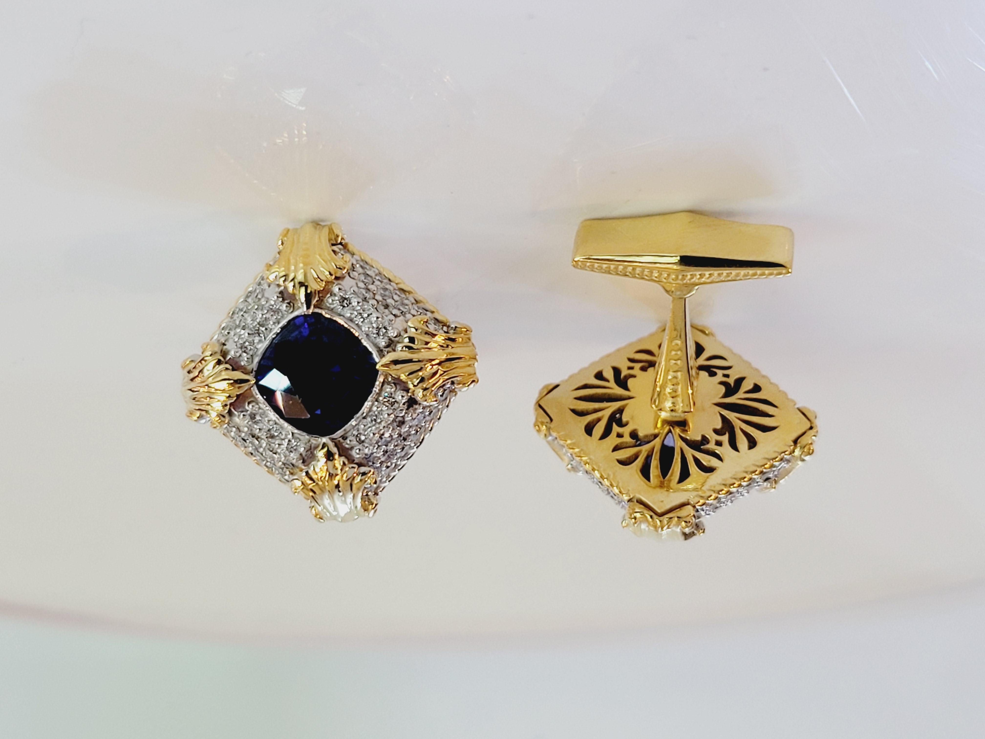 Renaissance Cufflinks  14k two tone Sapphire Diamonds For Sale