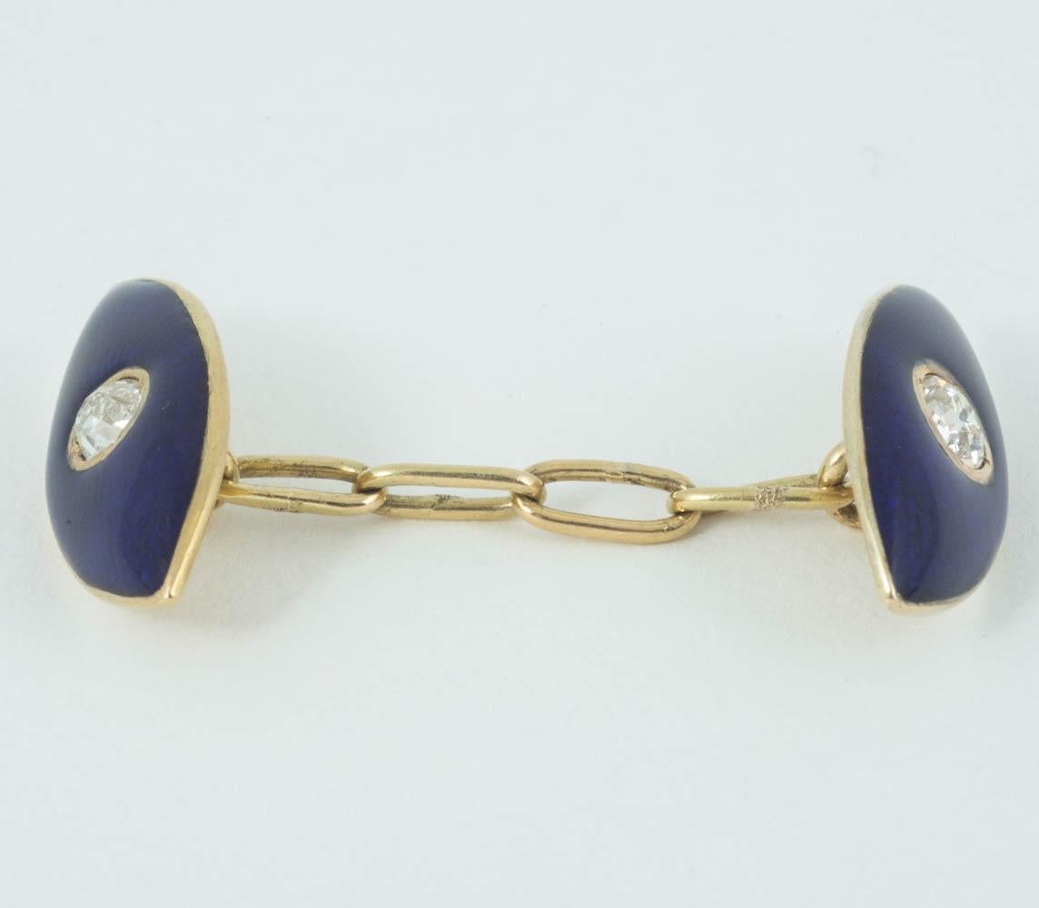 Late Victorian Cufflinks in 18 Carat Gold, Central Diamond and Blue Enamel, English circa 1890 For Sale