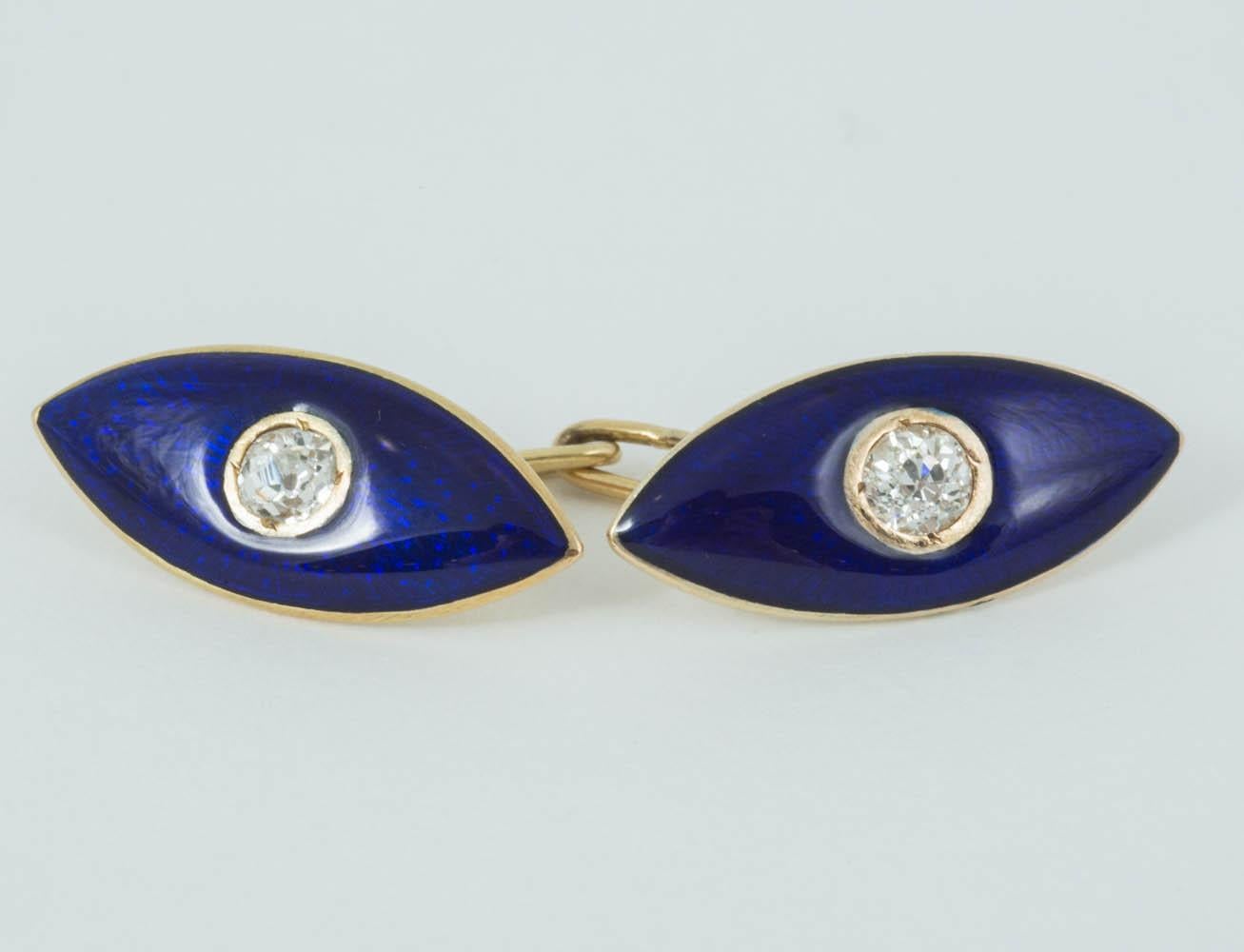 Round Cut Cufflinks in 18 Carat Gold, Central Diamond and Blue Enamel, English circa 1890 For Sale