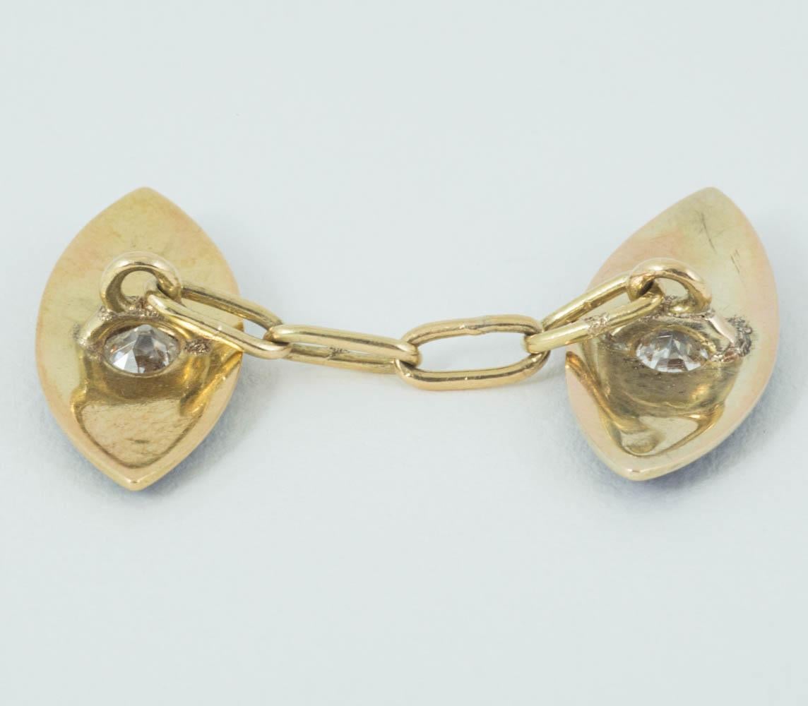 Cufflinks in 18 Carat Gold, Central Diamond and Blue Enamel, English circa 1890 In Good Condition For Sale In London, GB