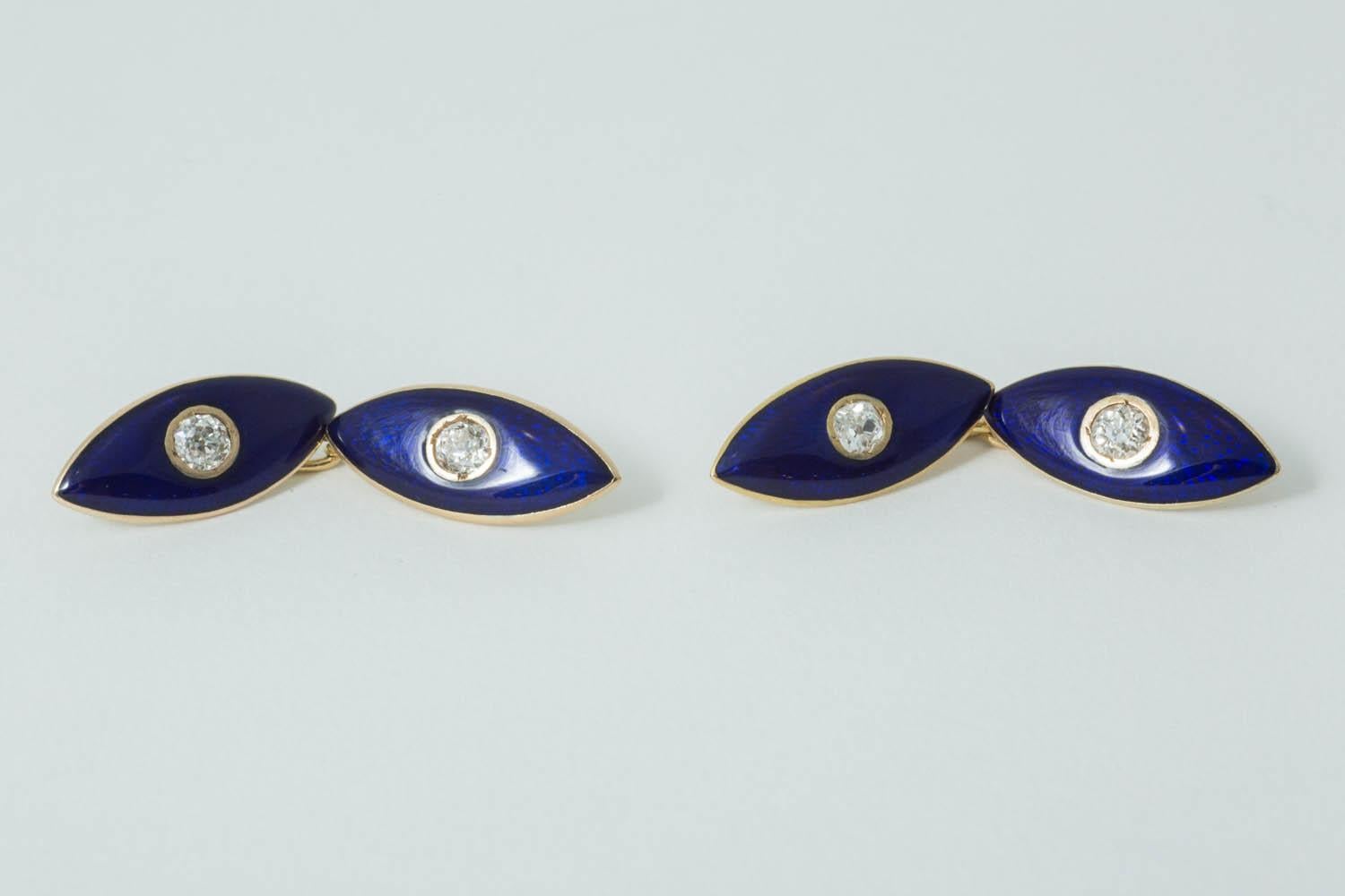 Women's or Men's Cufflinks in 18 Carat Gold, Central Diamond and Blue Enamel, English circa 1890 For Sale