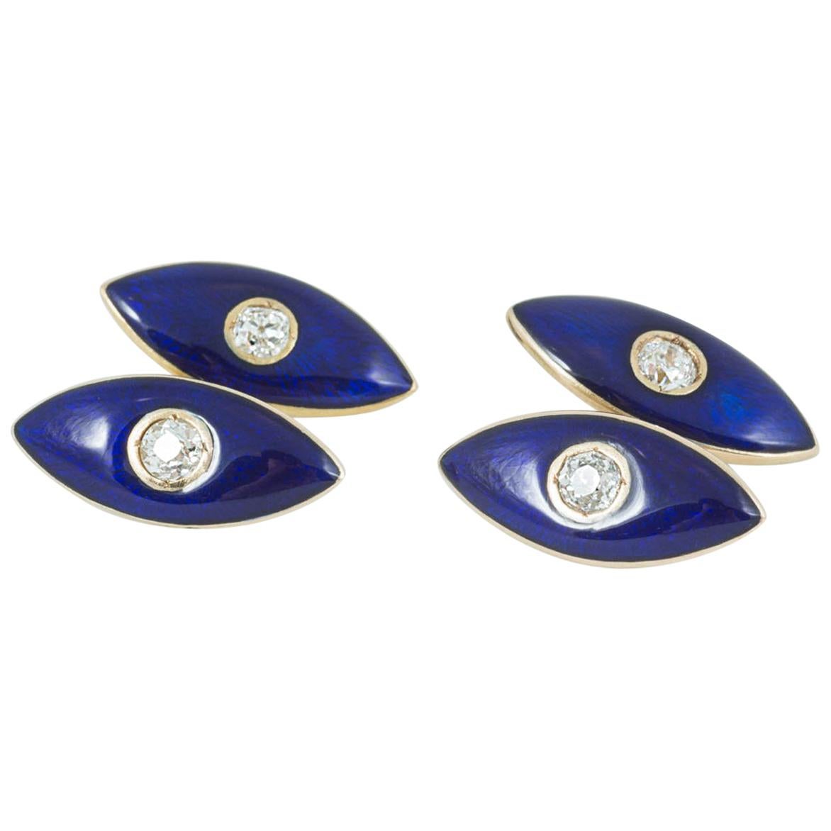 Cufflinks in 18 Carat Gold, Central Diamond and Blue Enamel, English circa 1890 For Sale