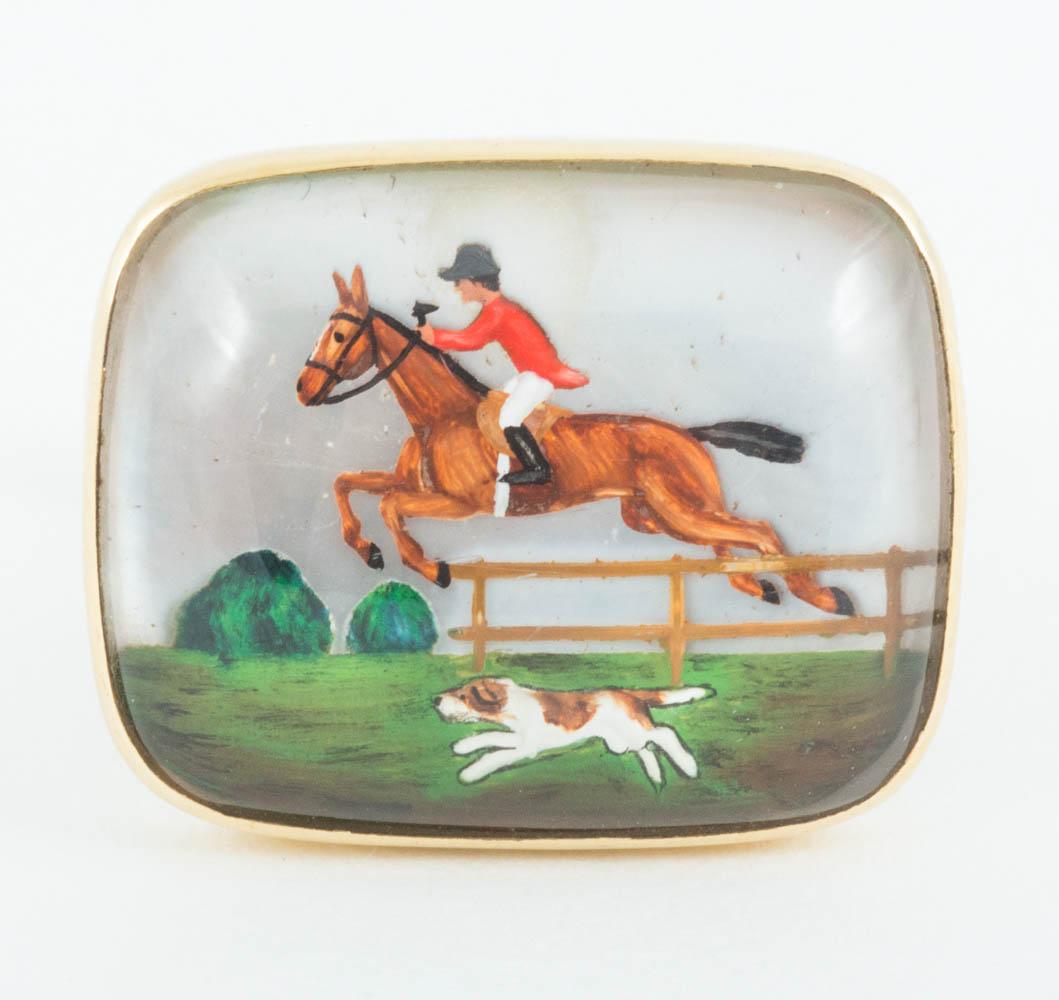 High Victorian Equestrian Cufflinks of a Hunting Scene in Crystal Mounted in Gold English, 1960 For Sale