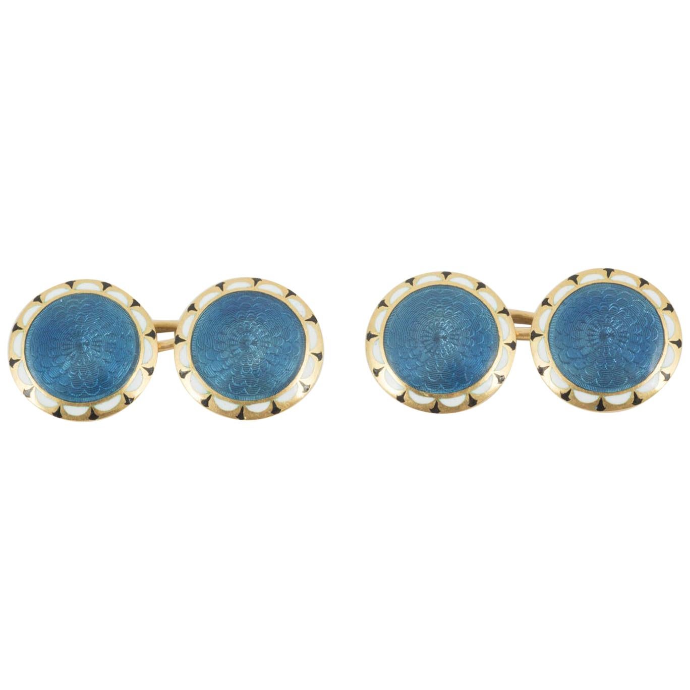Cufflinks 18 Carat Gold with Blue, Black and White Enamel, English, circa 1910 For Sale