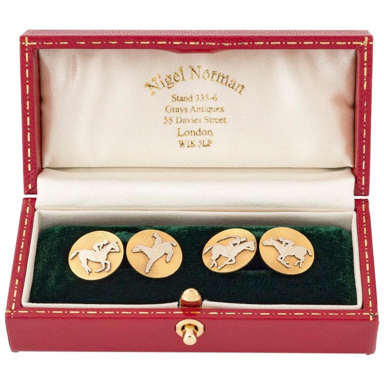 Antique Cufflinks of Racehorses in Platinum and 18 Karat Gold, French circa 1900 For Sale