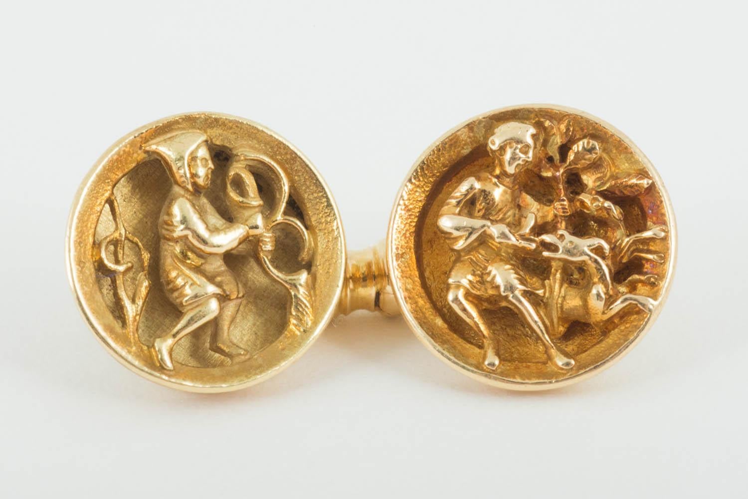 Etruscan Revival Cufflinks 18 Karat Gold Concave with Theological Scenes, Jules Wiese Paris, 1870 For Sale