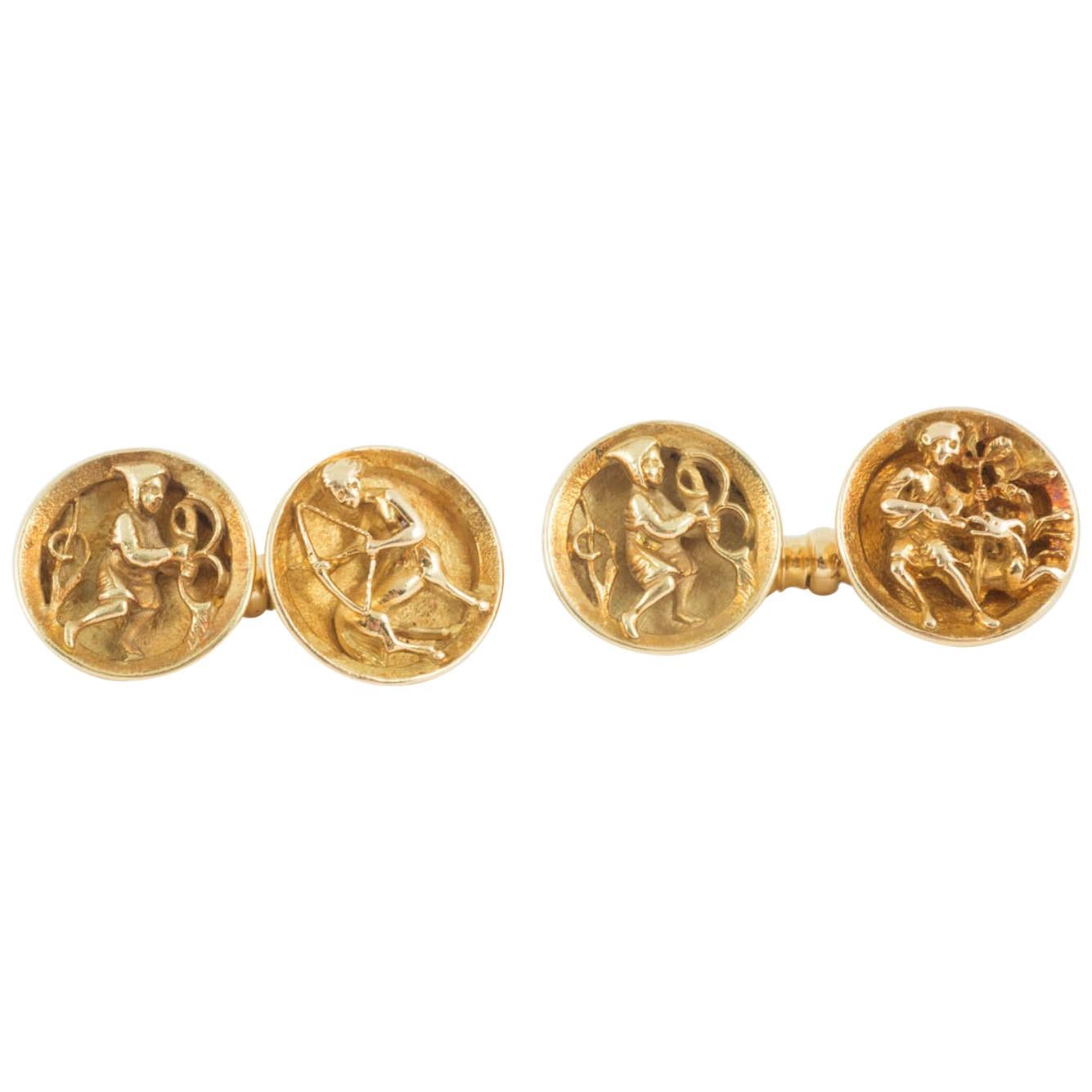 Cufflinks 18 Karat Gold Concave with Theological Scenes, Jules Wiese Paris, 1870 For Sale