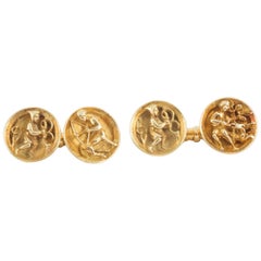 Cufflinks 18 Karat Gold Concave with Theological Scenes, Jules Wiese Paris, 1870