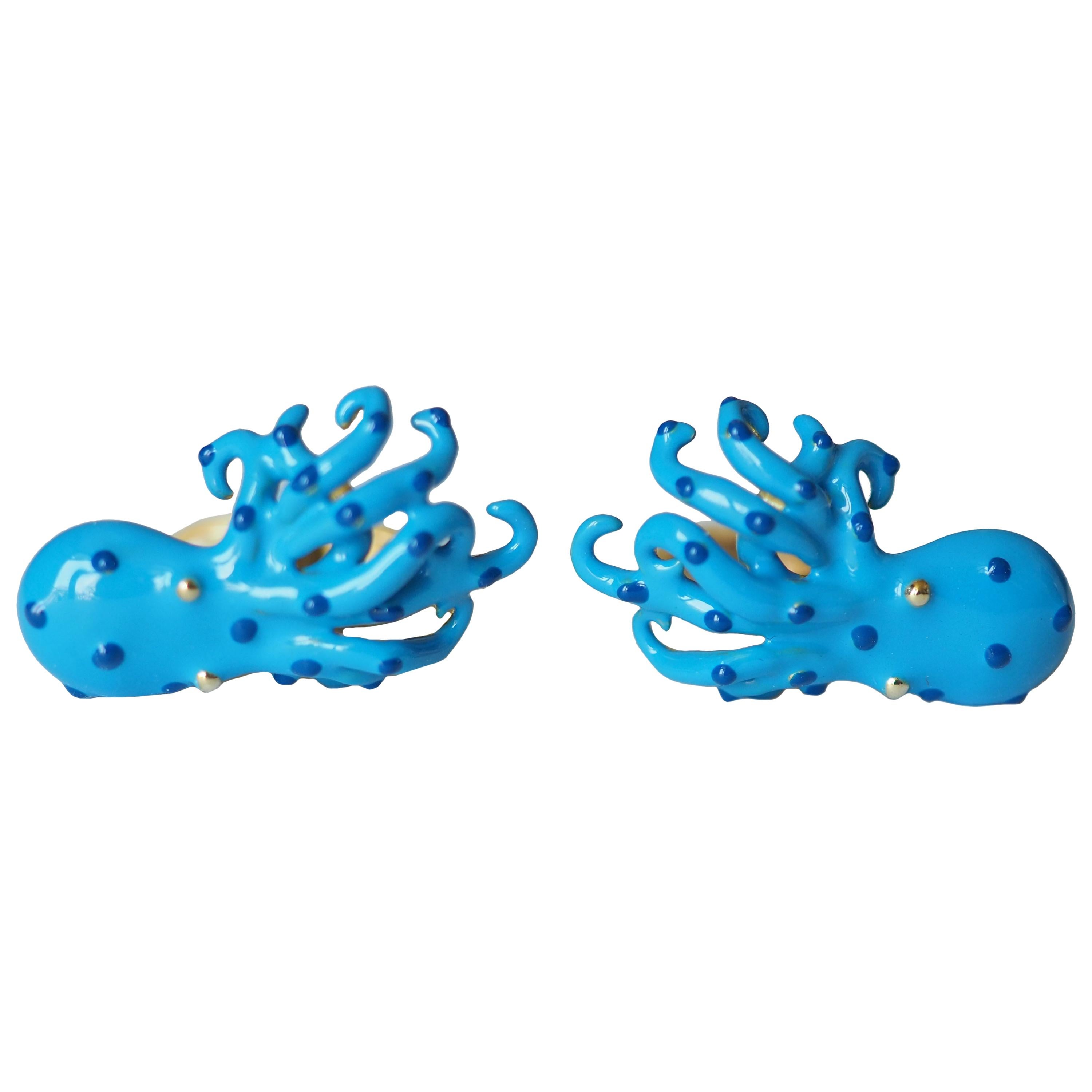 Manschettenknöpfe aus 18 Karat Gold und Emaille in Form eines Octopus im Angebot