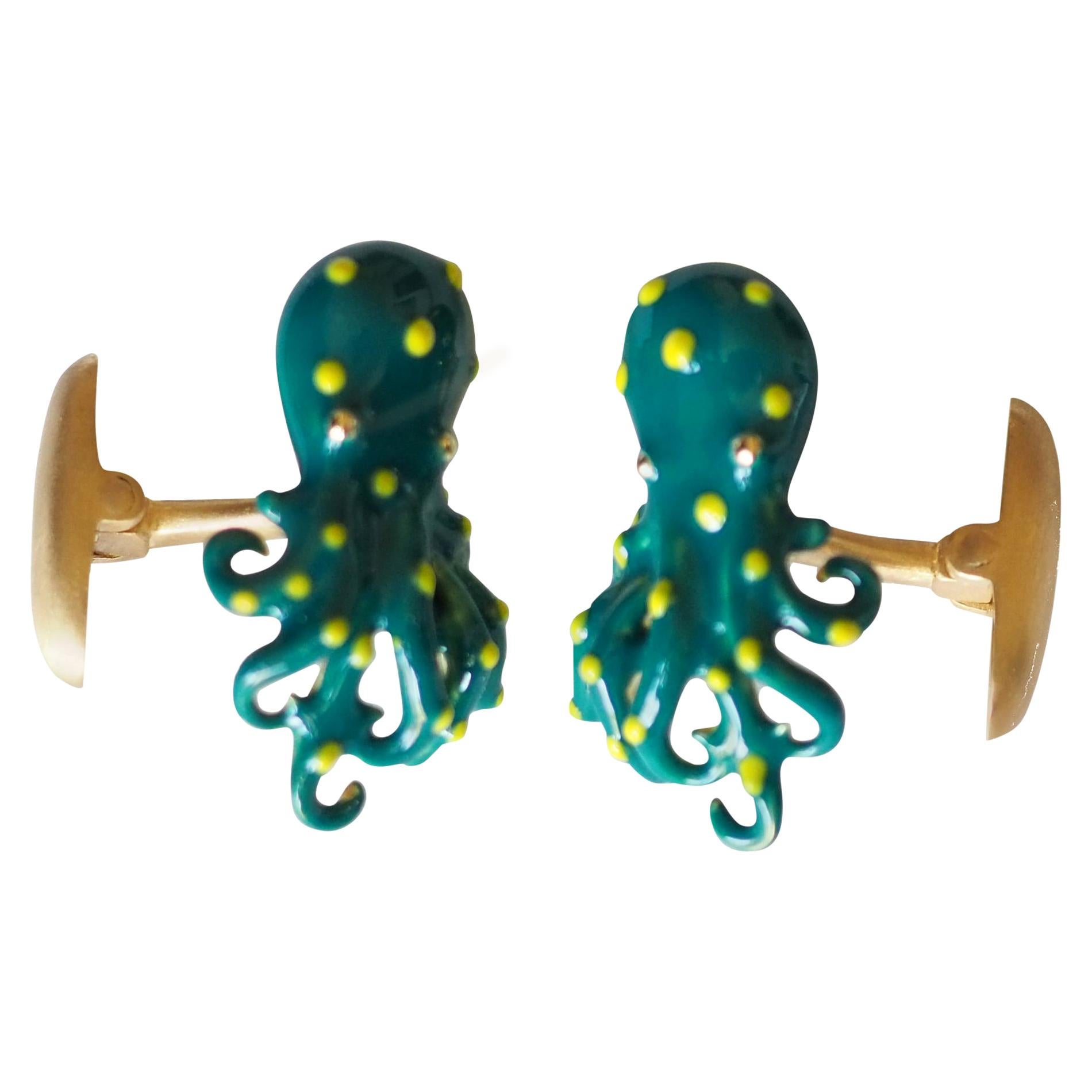 Cufflinks 18 Karat Gold Enamel SS Octopus For Sale