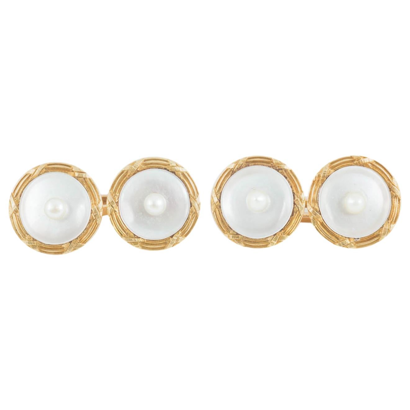 Cufflinks, 18 Karat Gold, Natural Pearl, Mother-of-Pearl, French, circa 1900 For Sale