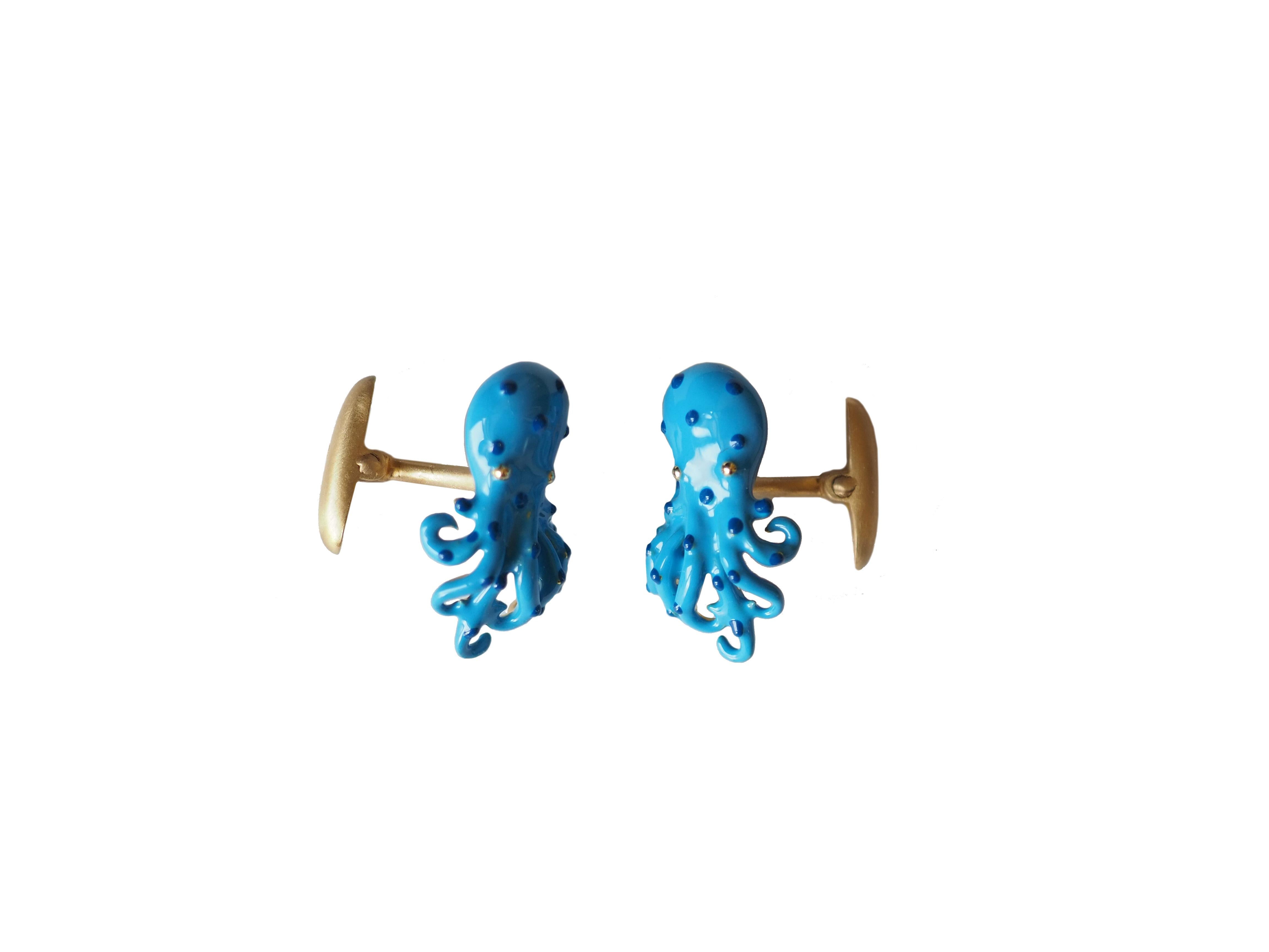 Octopus shape cufflinks  18 kt Gold gr 16,80, Enamel, hand made.
All Giulia Colussi jewelry is new and has never been previously owned or worn. Each item will arrive at your door beautifully gift wrapped in our boxes, put inside an elegant pouch or