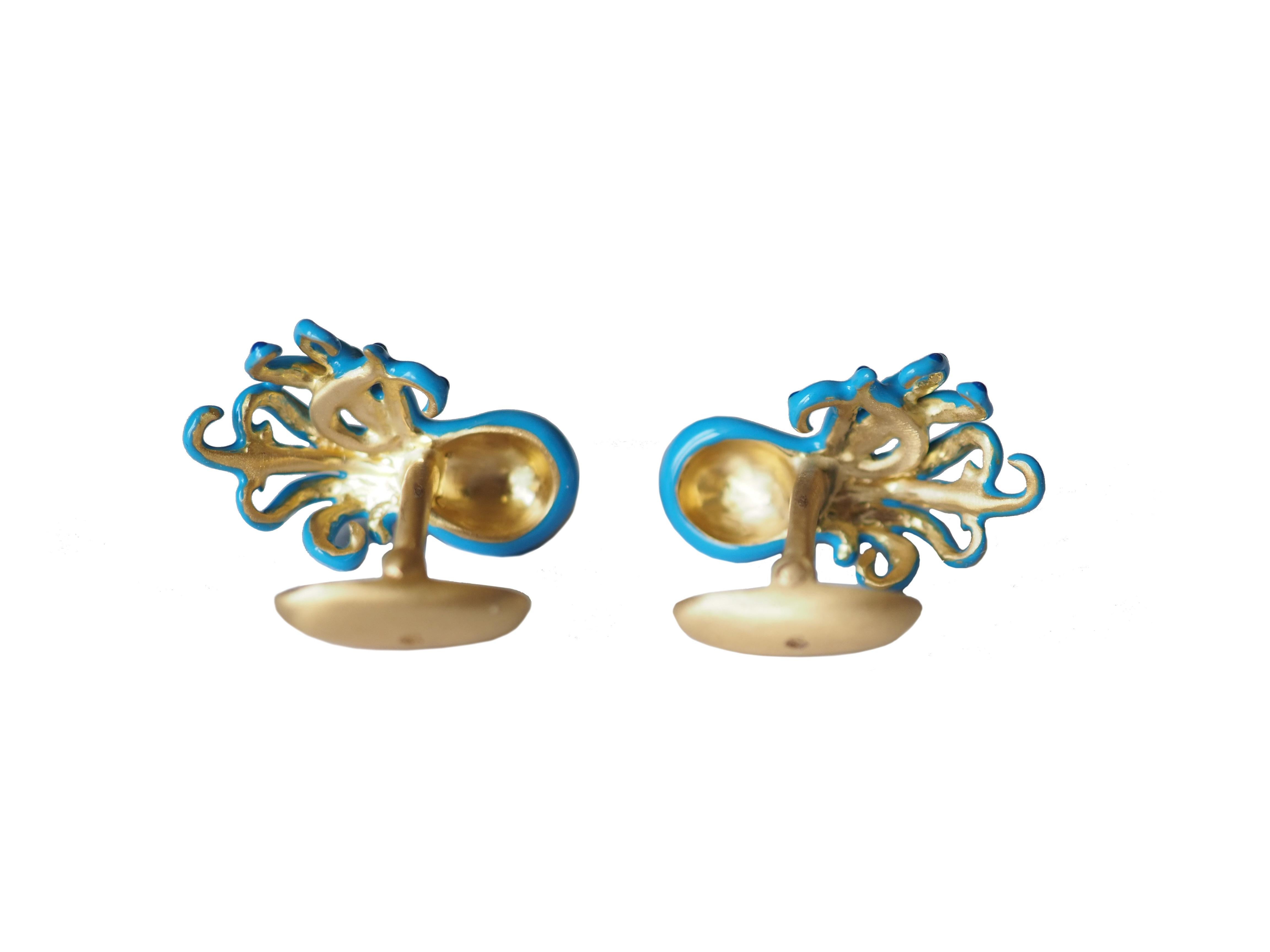 Artisan Cufflinks 18 Karat Gold Enamel Octopus Shape For Sale