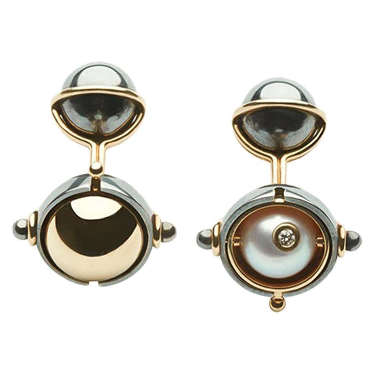 Diamonds Cufflinks set with Akoya Pearls in 18k yellow gold by Elie Top