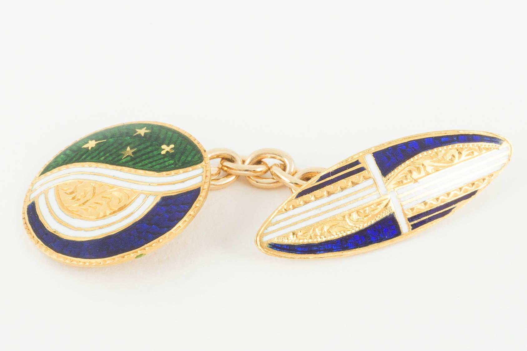 Edwardian Cufflinks and Four Buttons in Colored Enamel, and 14 Karat Gold, circa 1910