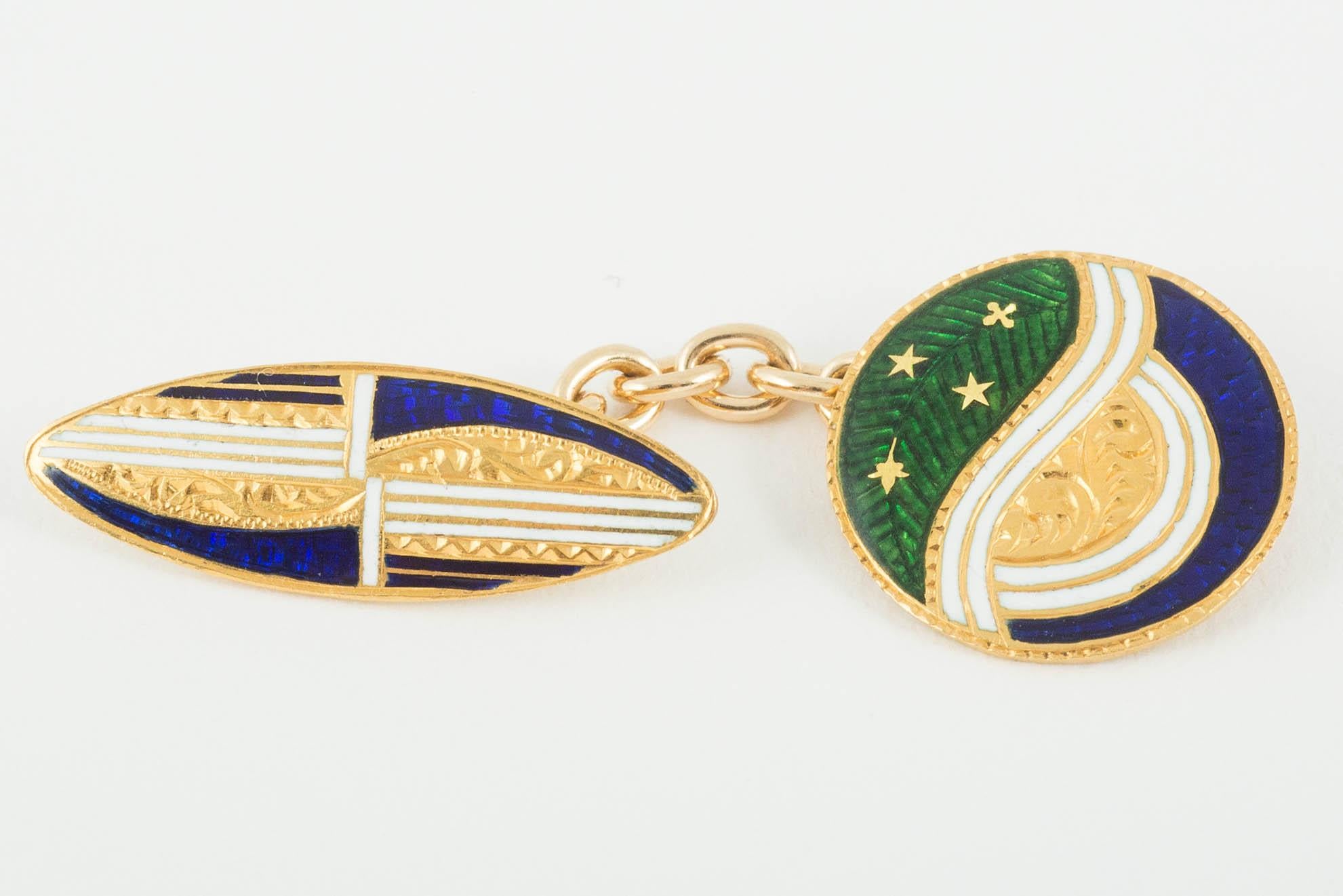 Cufflinks and Four Buttons in Colored Enamel, and 14 Karat Gold, circa 1910 In Excellent Condition In London, GB