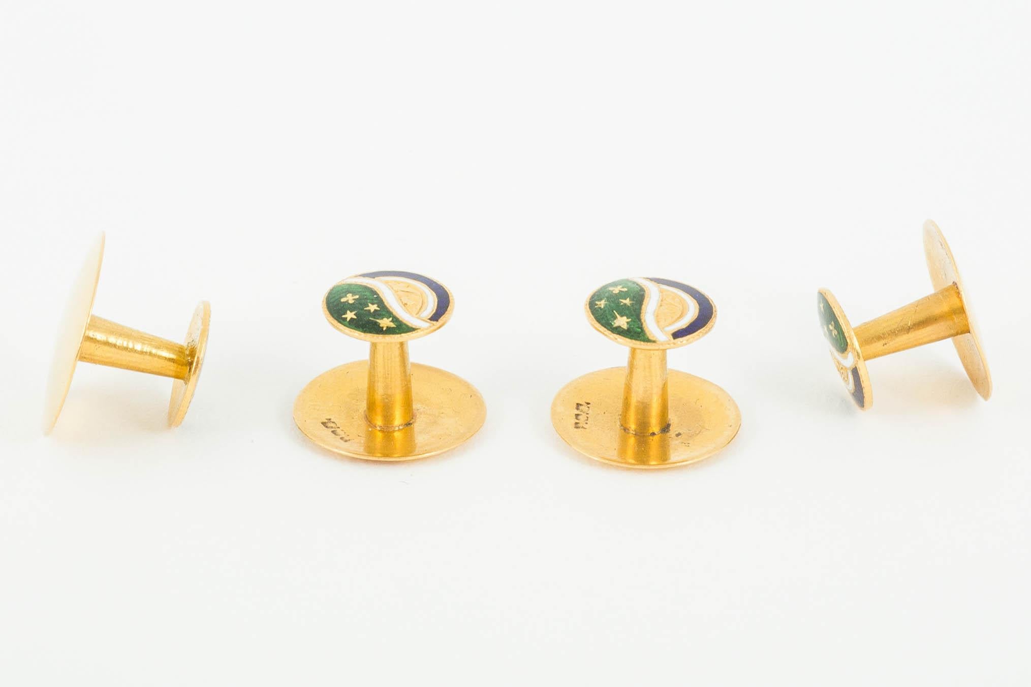 Cufflinks and Four Buttons in Colored Enamel, and 14 Karat Gold, circa 1910 2