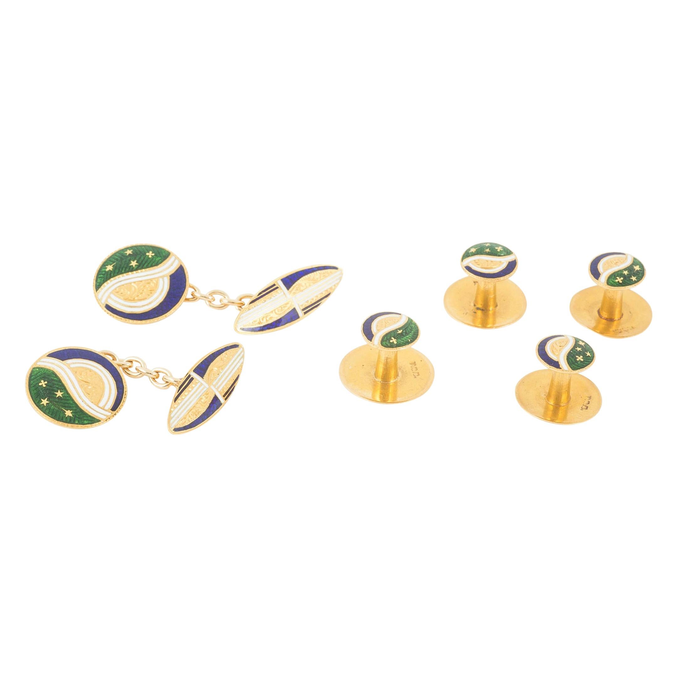 Cufflinks and Four Buttons in Colored Enamel, and 14 Karat Gold, circa 1910