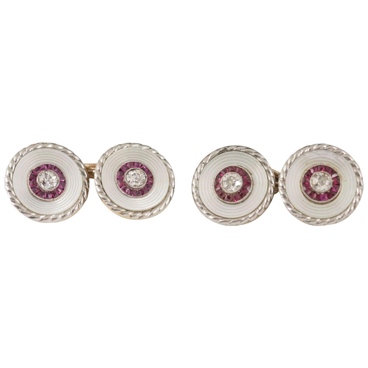 Cufflinks and Studs Gold, Mother of Pearl, Rubies, Diamonds, English, circa 1910