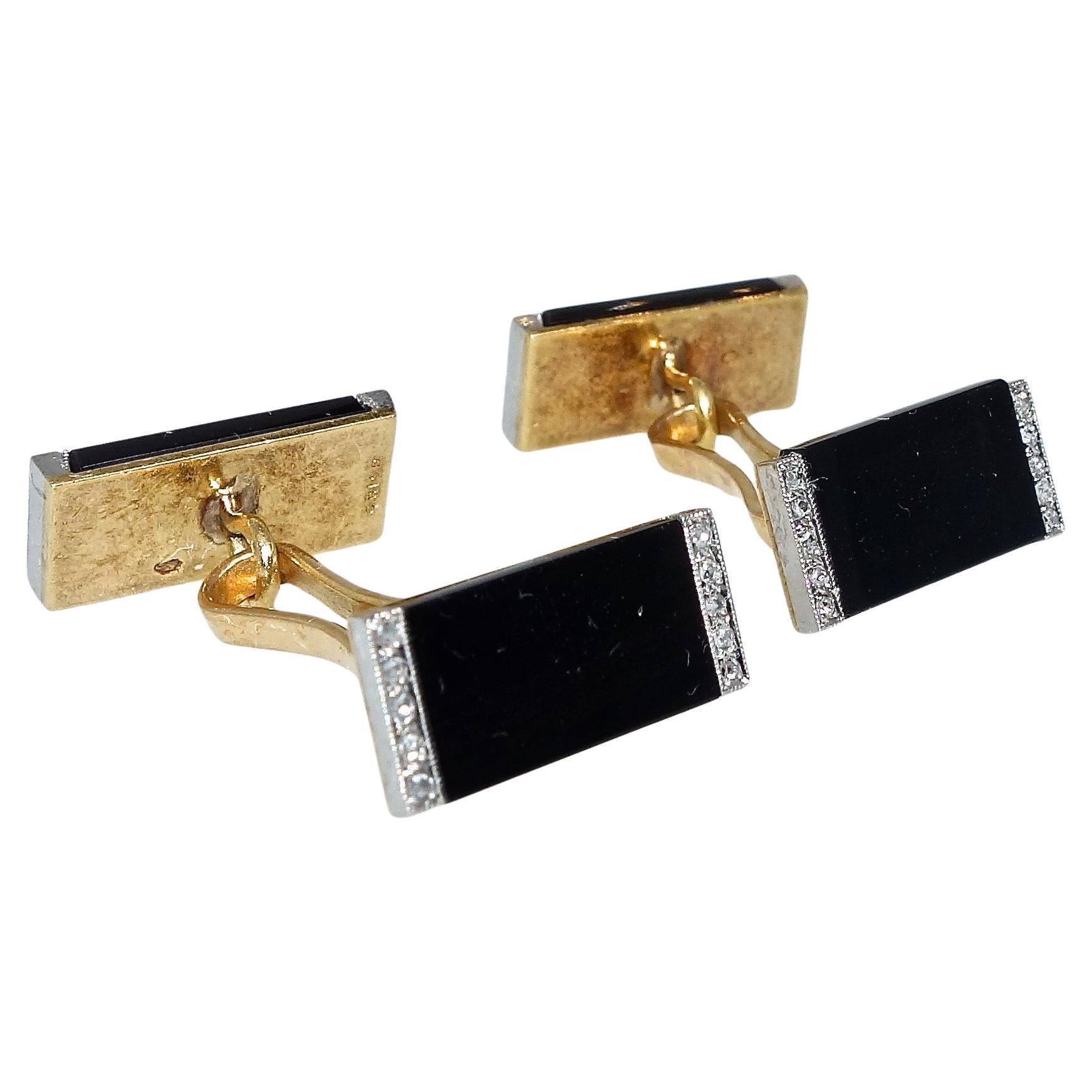 Cufflinks, Antique Art Deco Diamond & Onyx Platinum , French, by Ghiso, C. 1920 For Sale