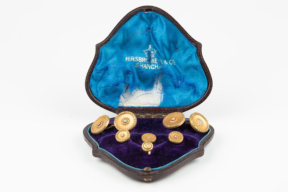 Men's Dress Set: Cufflinks & Matching Studs in 18kt Gold & Diamonds, French circa 1890